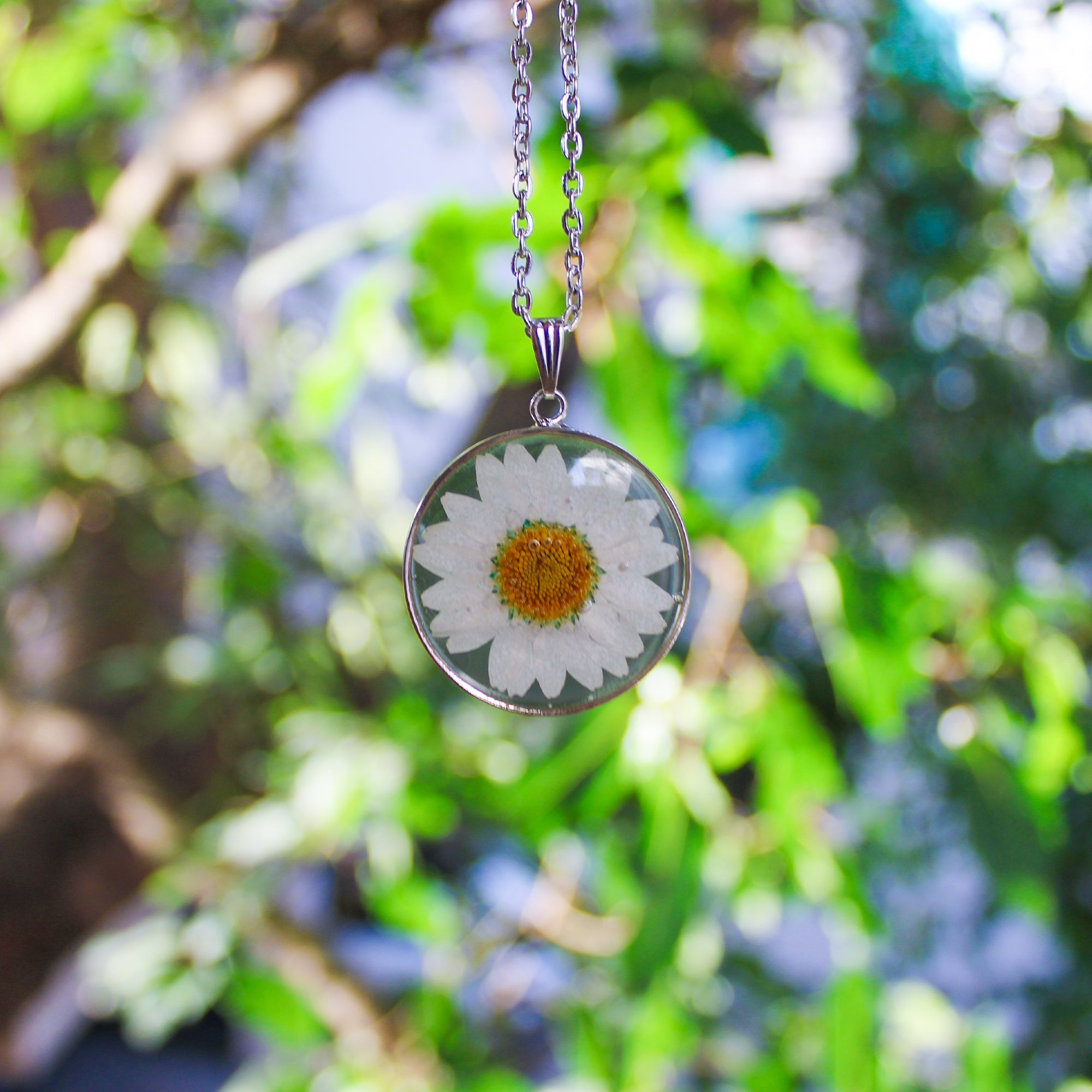 Crystal Daisy Meadows Pendant with Real Daisy Flowers