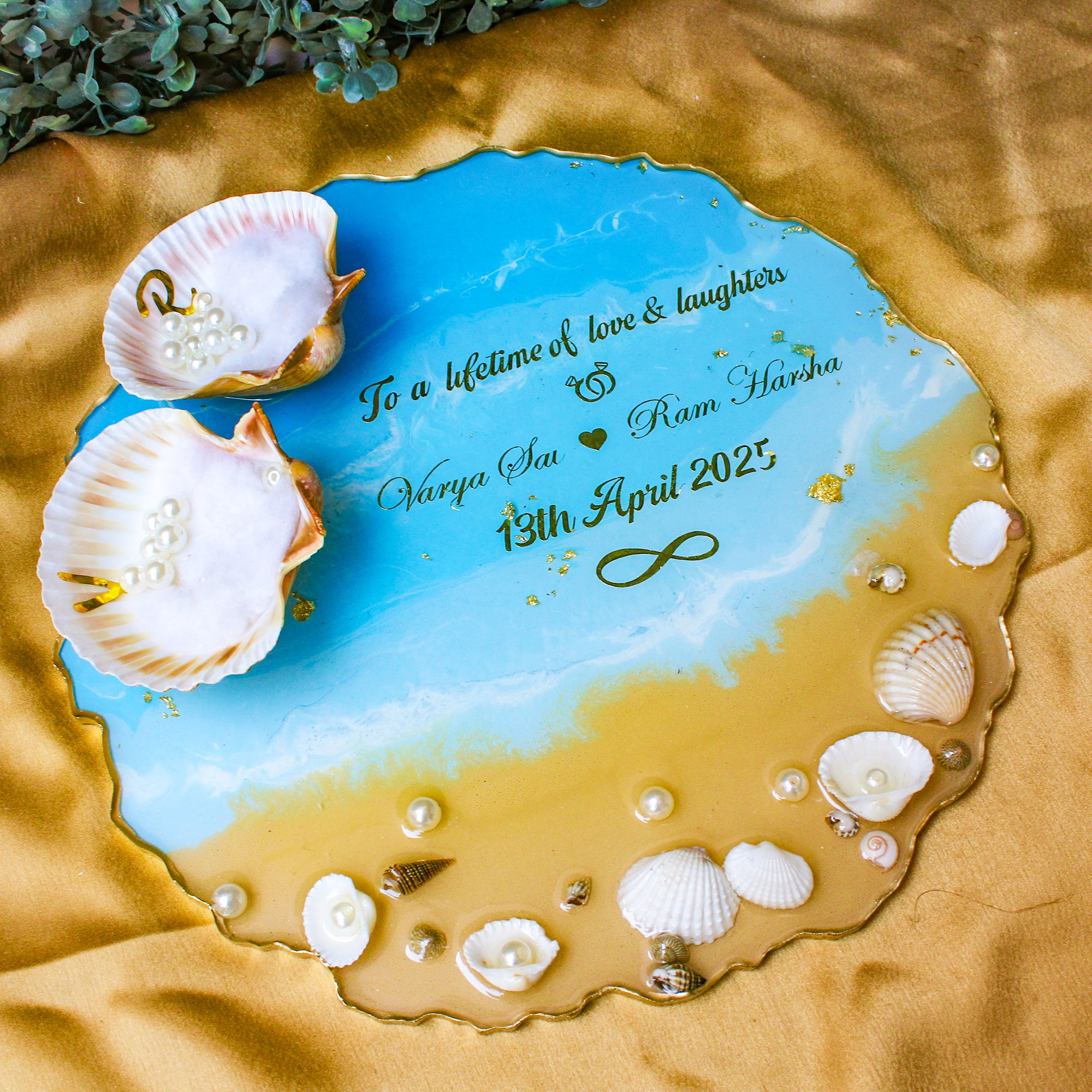 Rezica™ Royal Resin (Beach Themed) Wedding Engagement Ring Platter with 2 Premium Ring Boxes made with Real Dry Flowers (10 Inches)