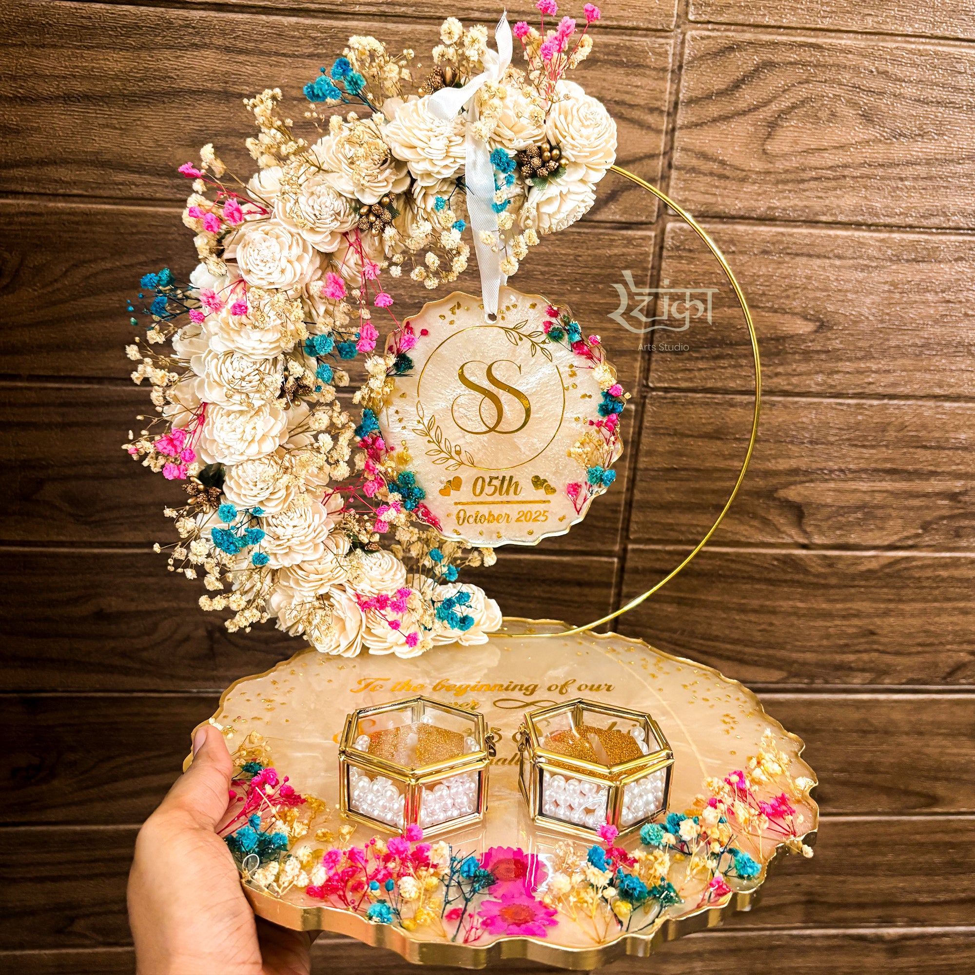 Rezica™ Royal Resin (Floral Beige Glow) Engagement Ring Platter with 2 Premium Ring Boxes and Heavy Flower Hoop