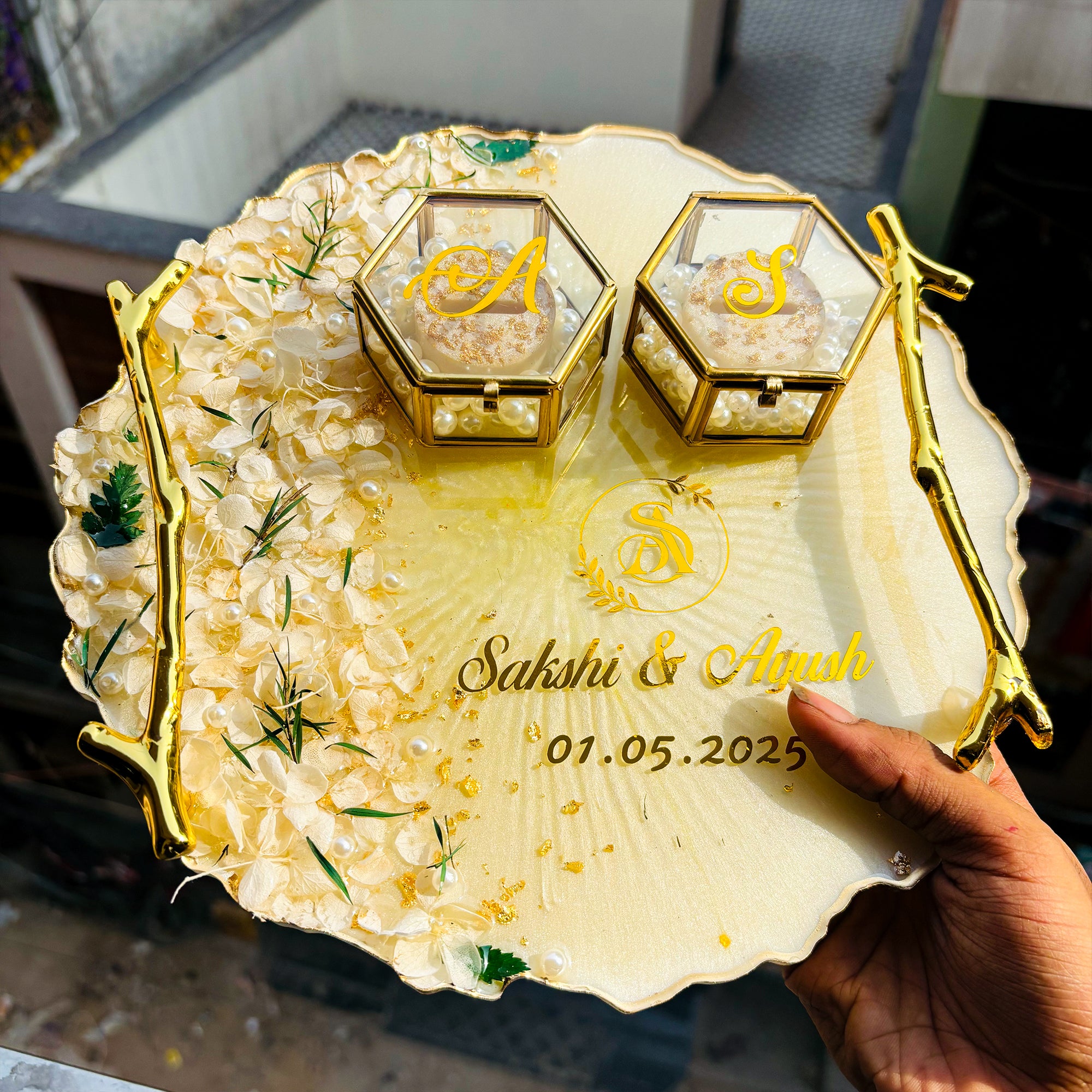 Rezica™ Royal Resin (Buttercream) Wedding Engagement Ring Platter with 2 Premium Ring Boxes made with Real Dry Flowers (10 Inches)