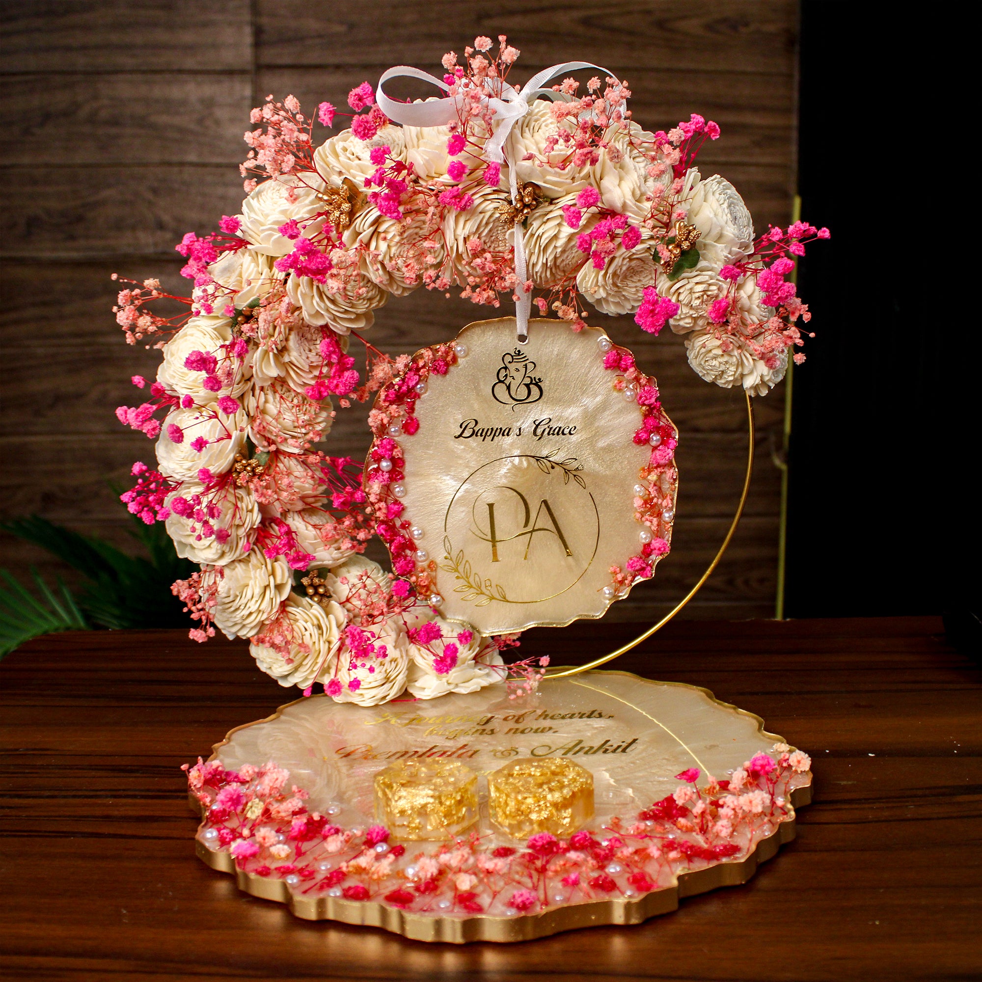 Rezica™ Royal Resin (Hot Pink & Sand) Engagement Ring Platter with 2 Premium Ring Boxes and Heavy Flower Hoop