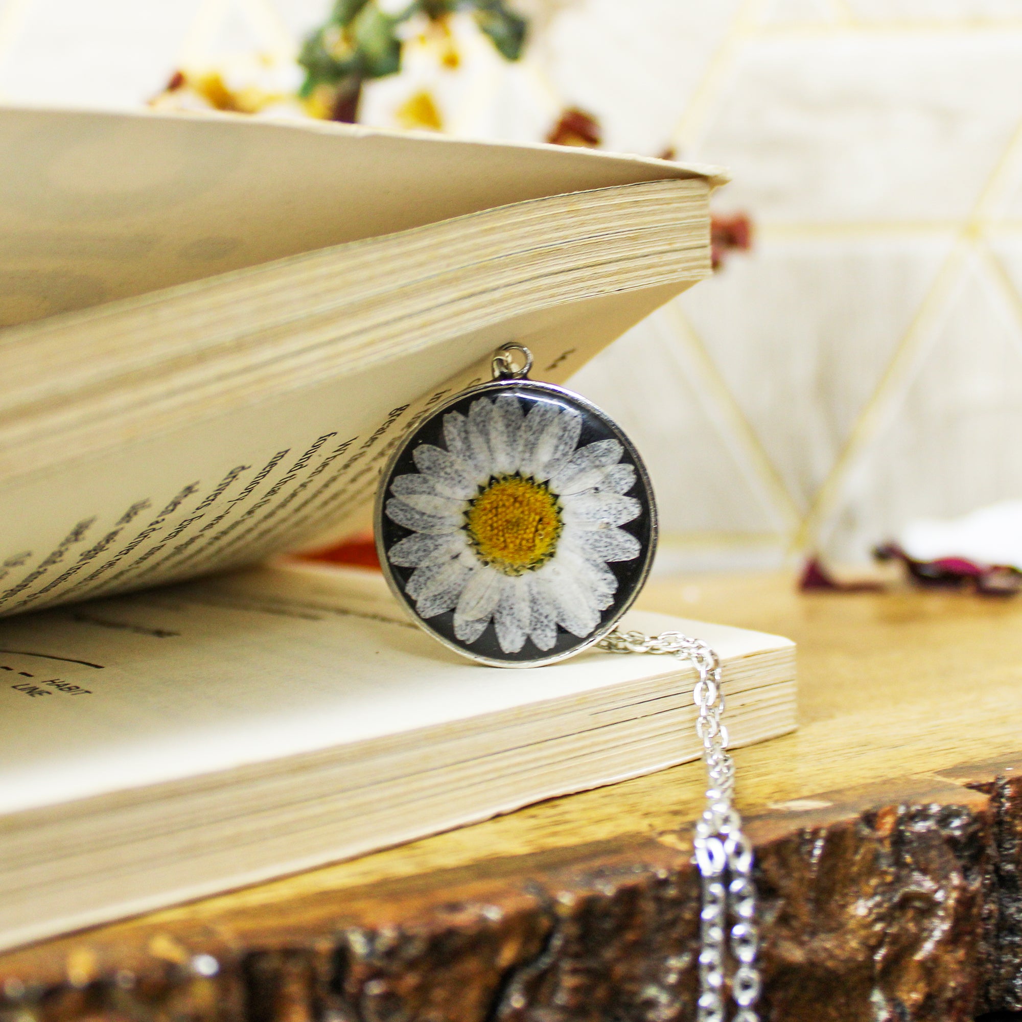 Eclipse Black Real Dried Daisy Flower Necklace