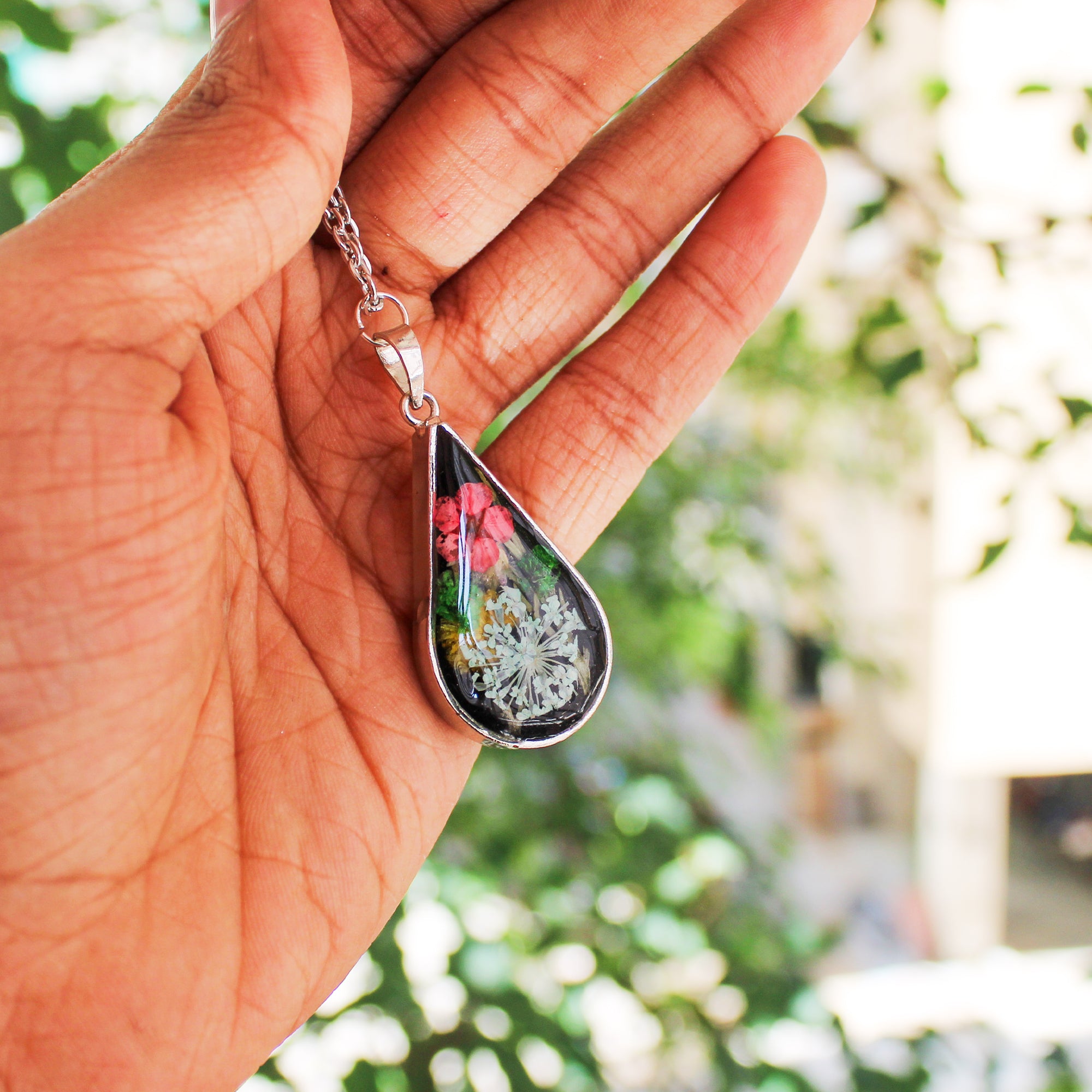 Midnight Blossom Real Dried Flower Pendant