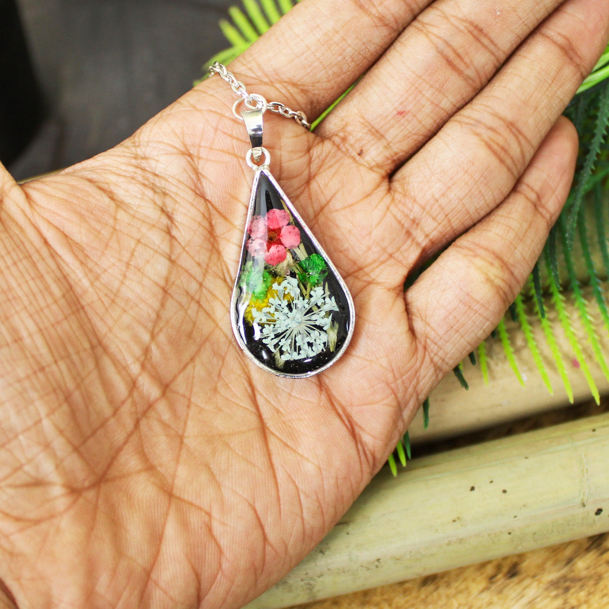 Midnight Blossom Real Dried Flower Pendant