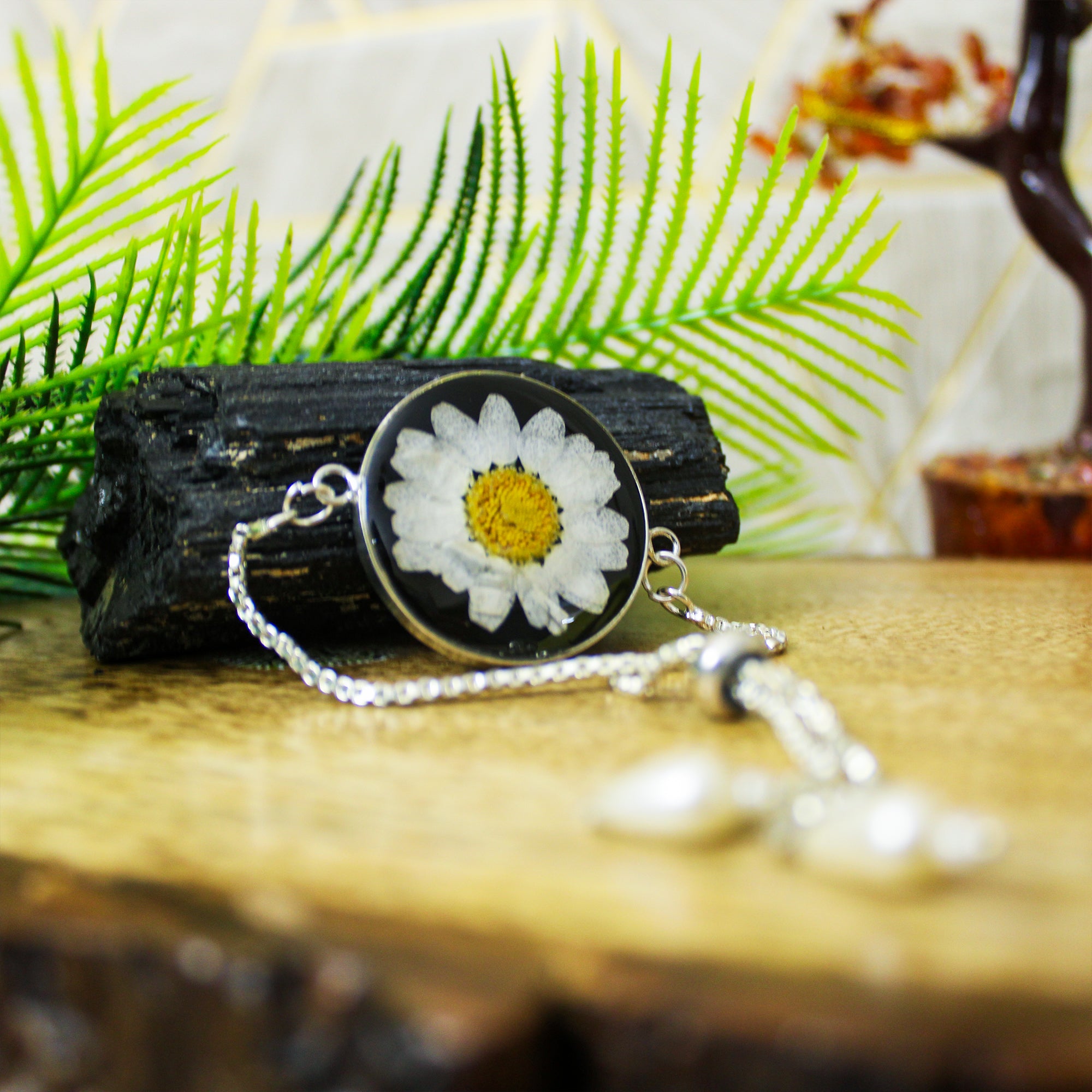 Onyx Blossom Real Dried Daisy Flower Bracelet