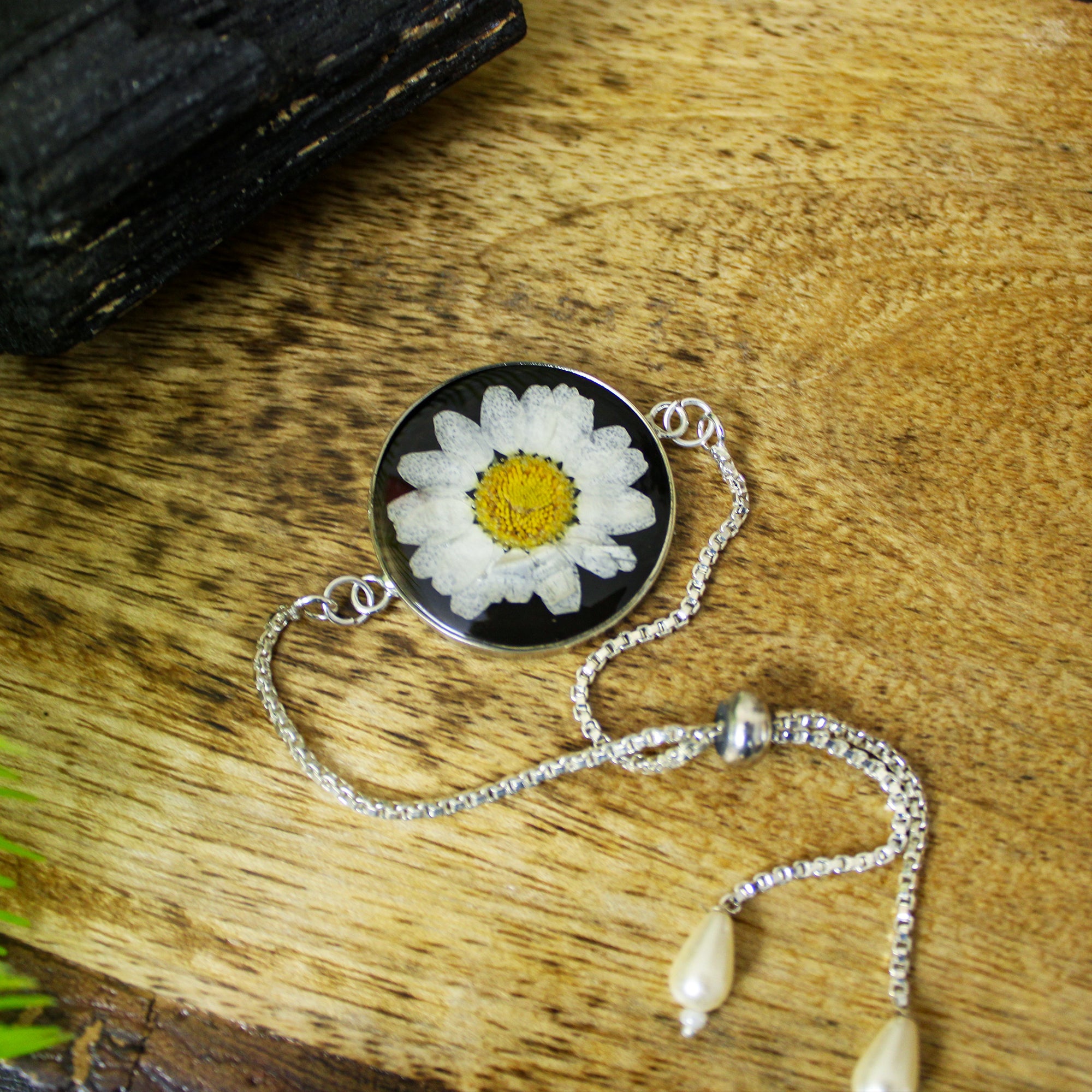 Onyx Blossom Real Dried Daisy Flower Bracelet