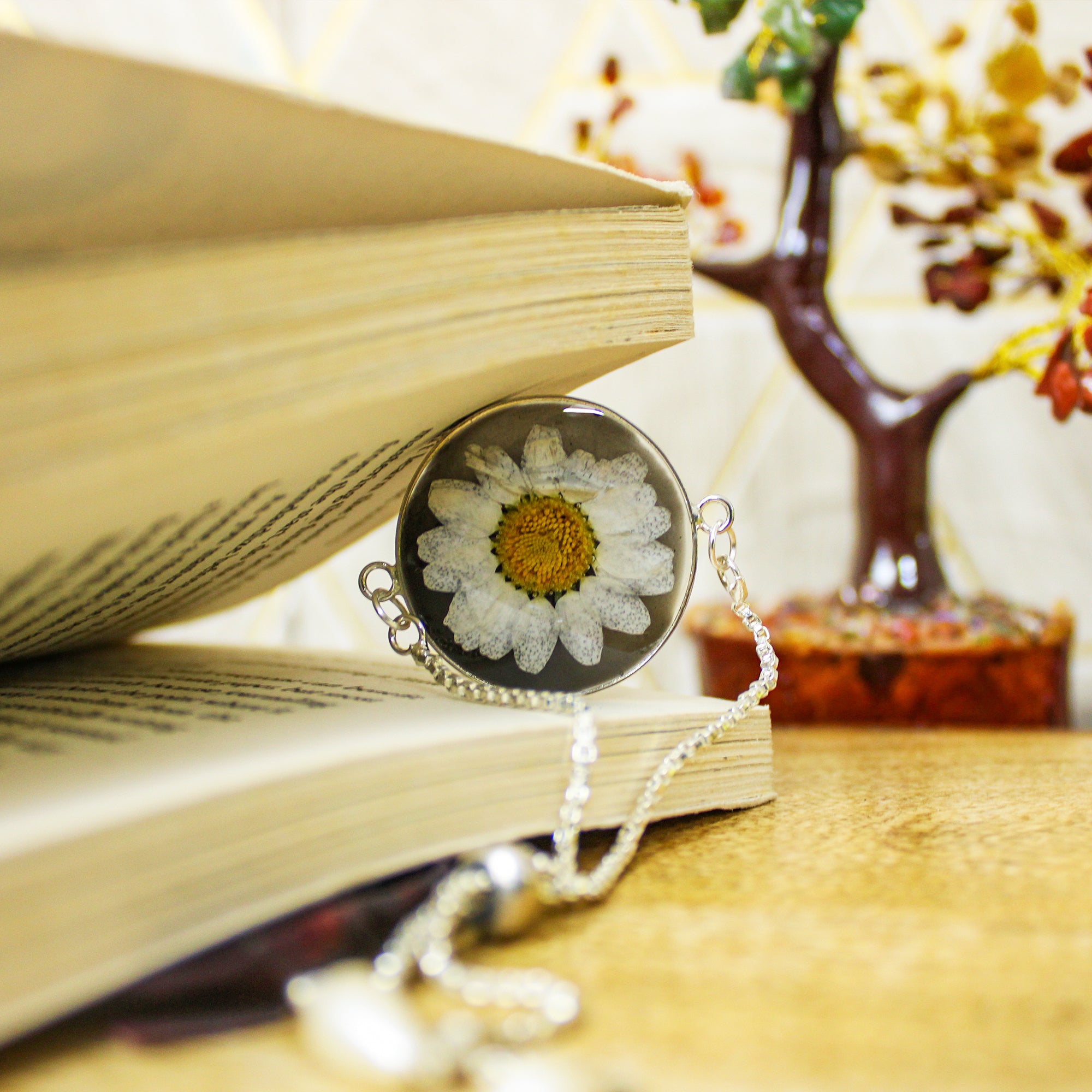 Onyx Blossom Real Dried Daisy Flower Bracelet