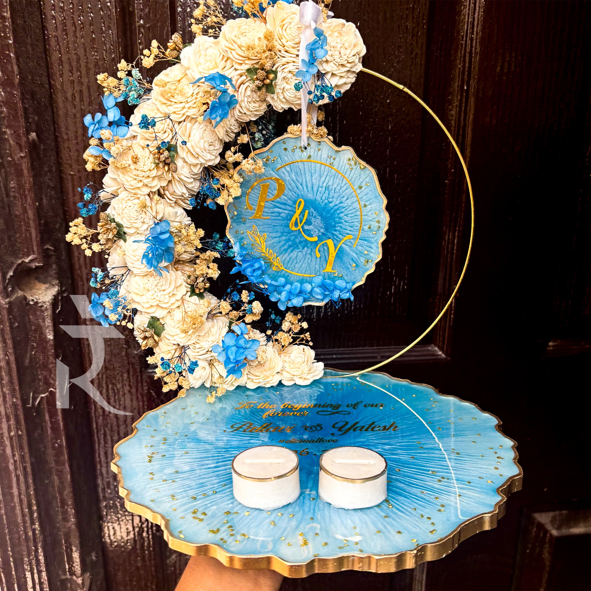 Rezica™ Royal Resin (White n Blue ) Engagement Ring Platter with 2 Premium Ring Boxes and Heavy Flower Hoop (10 Inch Base) (Copy)