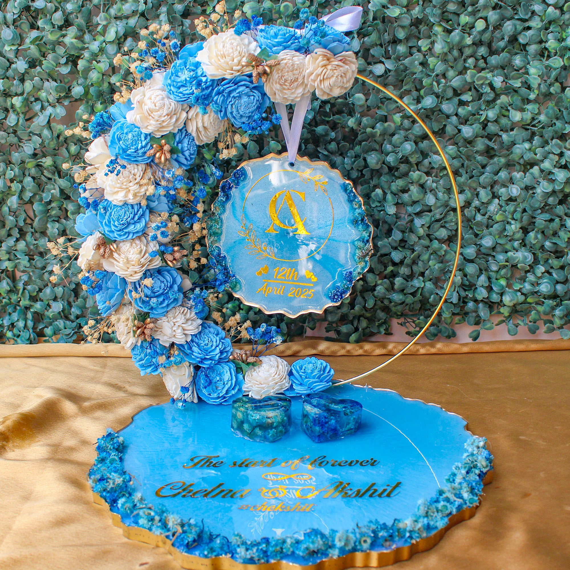 Rezica™ Royal Resin (White n Blue Royal) Engagement Ring Platter with 2 Premium Ring Boxes and Heavy Flower Hoop (10 Inch Base)