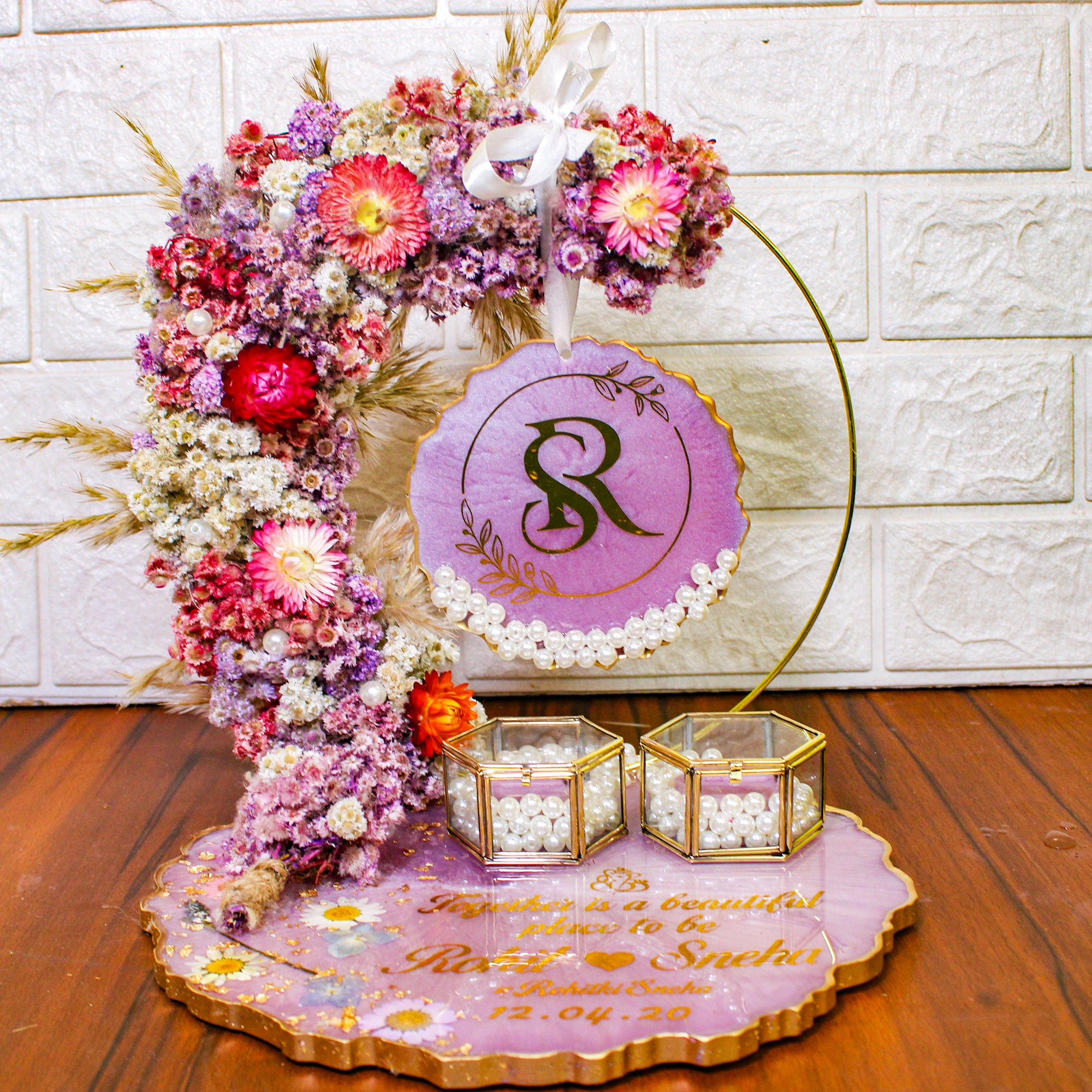 Rezica™ Royal Resin (Lavender Royal Floral Themed) Engagement Ring Platter with 2 Premium Ring Boxes and Heavy Flower Hoop (10 Inch Base)