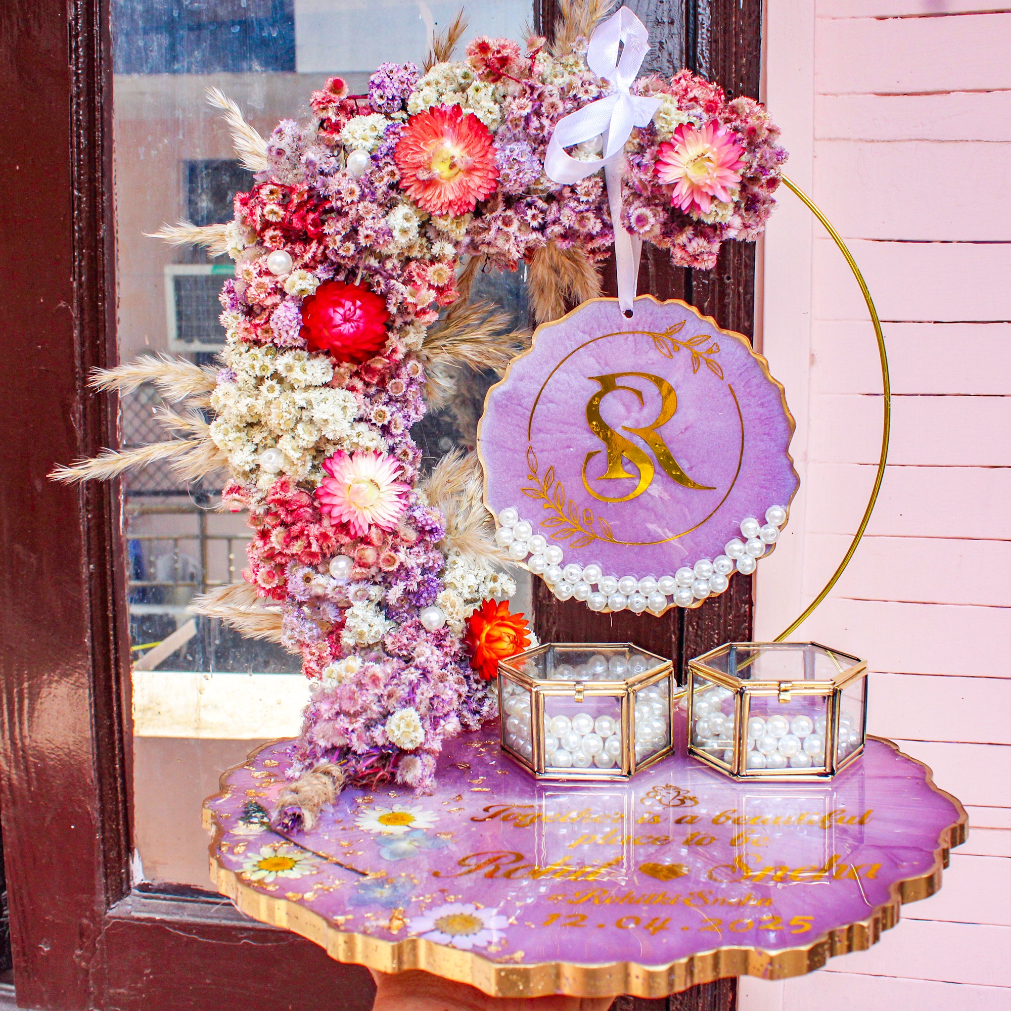 Rezica™ Royal Resin (Lavender Royal Floral Themed) Engagement Ring Platter with 2 Premium Ring Boxes and Heavy Flower Hoop (10 Inch Base)