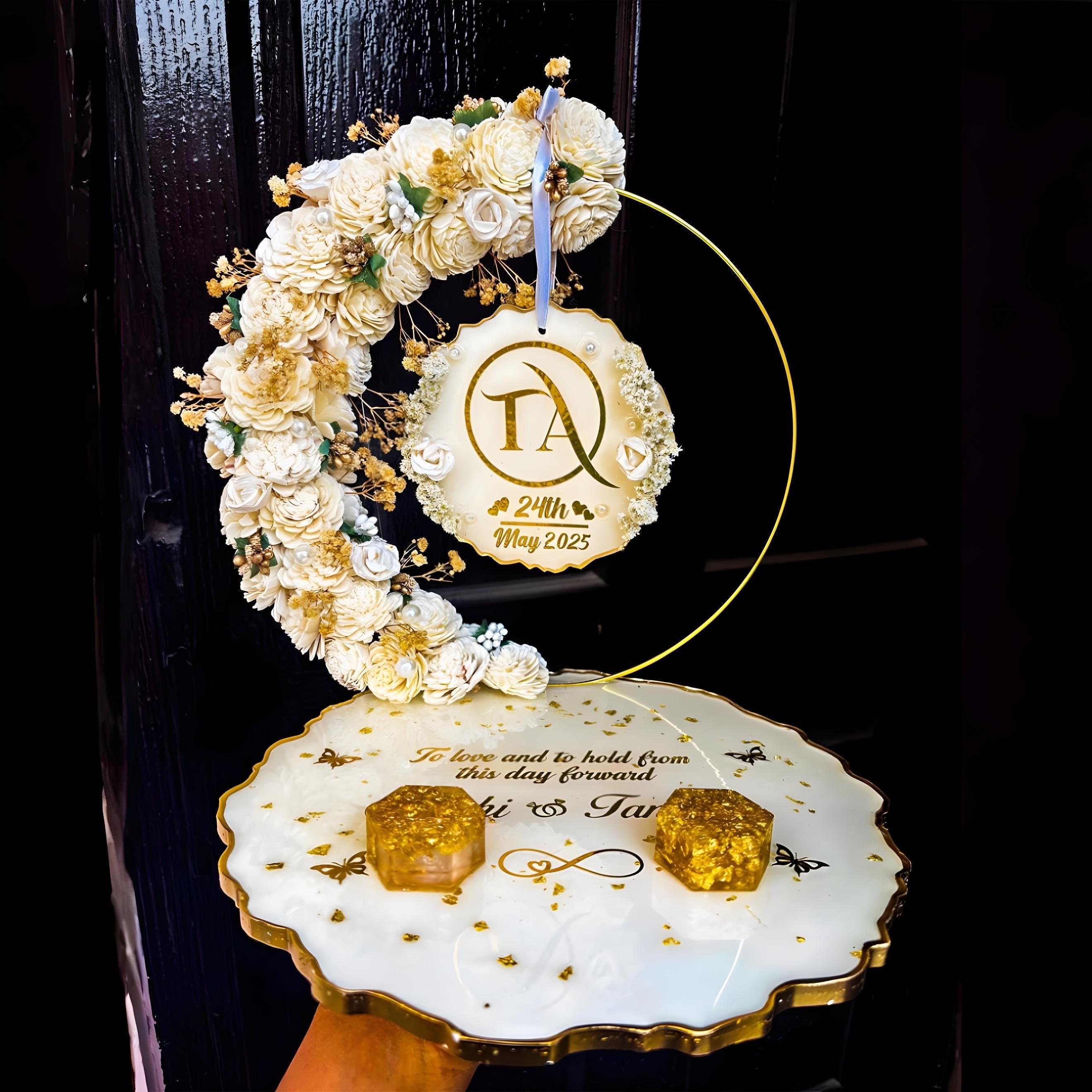 Rezica™ Royal Resin (Fairy White) Engagement Ring Platter with 2 Premium Ring Boxes and Heavy Flower Hoop (10 Inch Base)