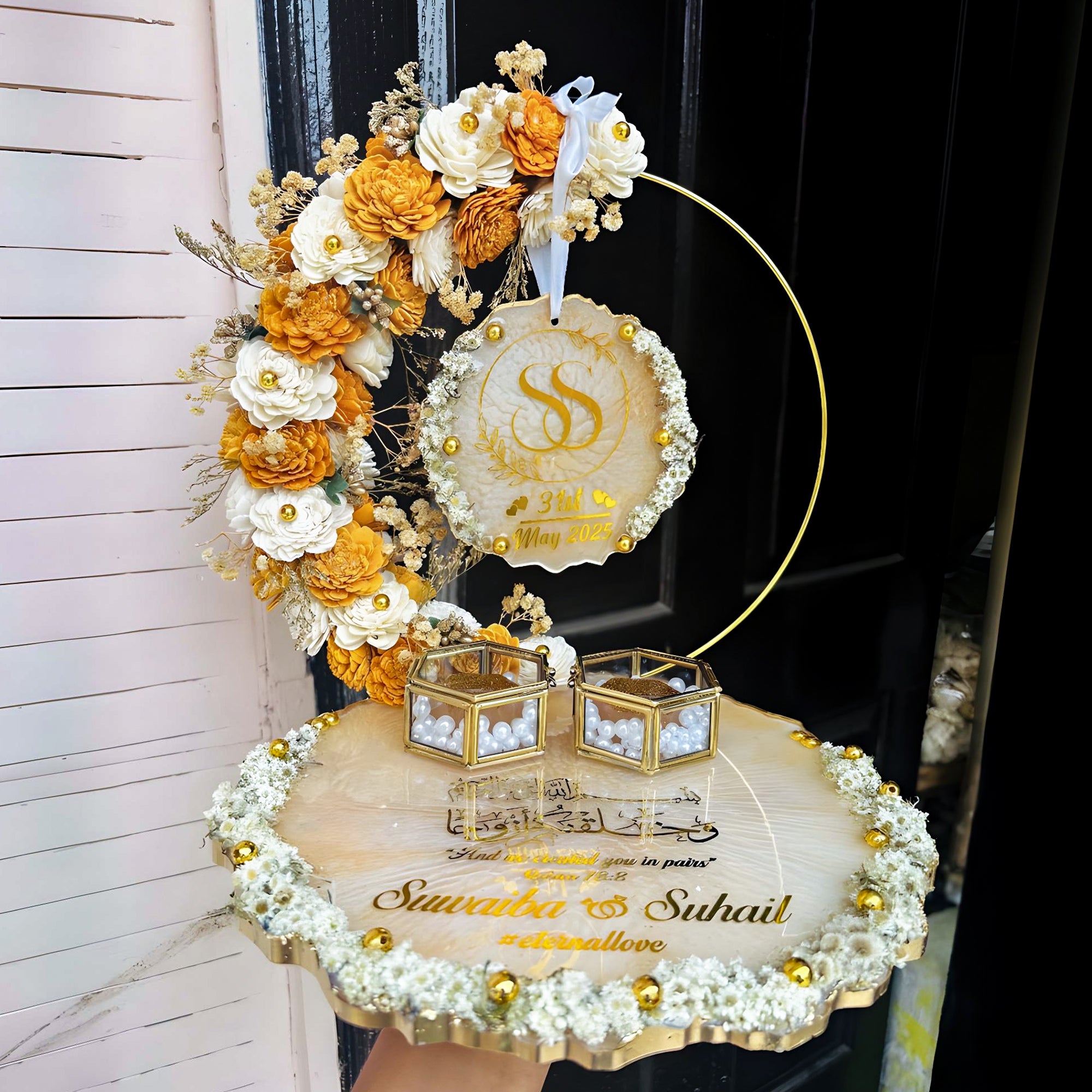 Rezica™ Royal Resin (Golden Ivory) Engagement Ring Platter with 2 Premium Ring Boxes and Heavy Flower Hoop (10 Inch Base)