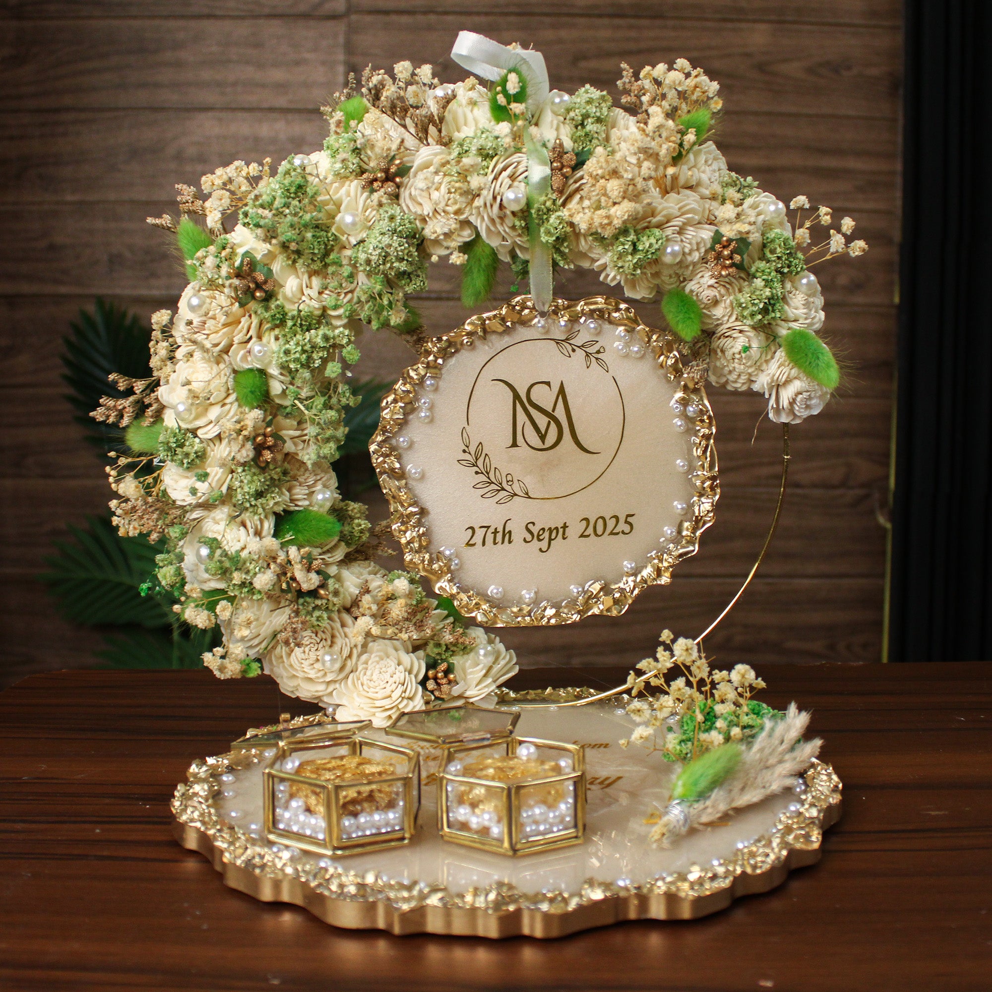 Rezica™ Royal Resin (Royal Floral Blossoms) Engagement Ring Platter with 2 Premium Ring Boxes and Heavy Flower Hoop (10 Inch Base)