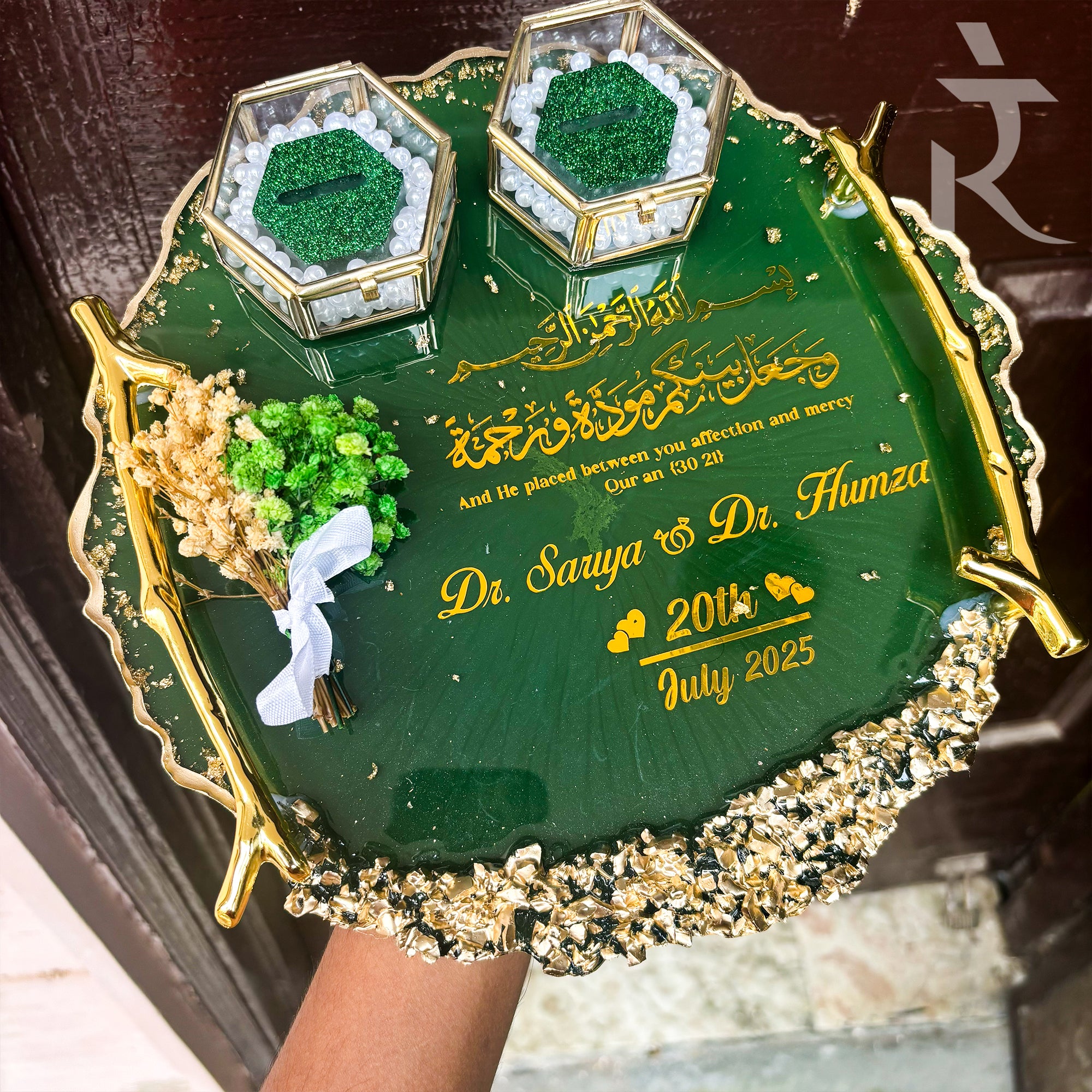 Rezica™ Royal Resin (Deep Green) Wedding Engagement Ring Platter with 2 Premium Ring Boxes made with Real Dry Flowers (10 Inches)