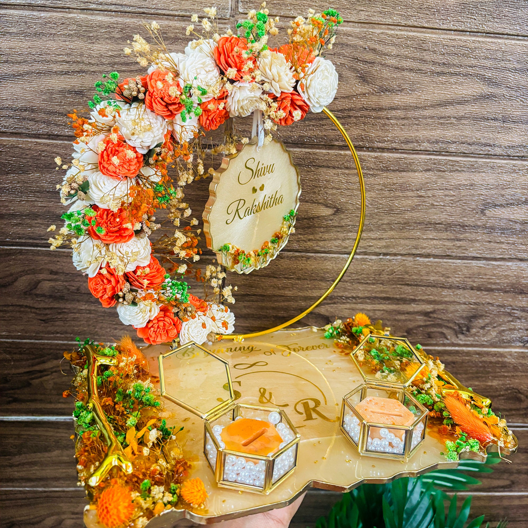 Rezica™ Royal Resin (Orange Blossom) Engagement Ring Platter with 2 Premium Ring Boxes and Heavy Flower Hoop (10 Inch Base)