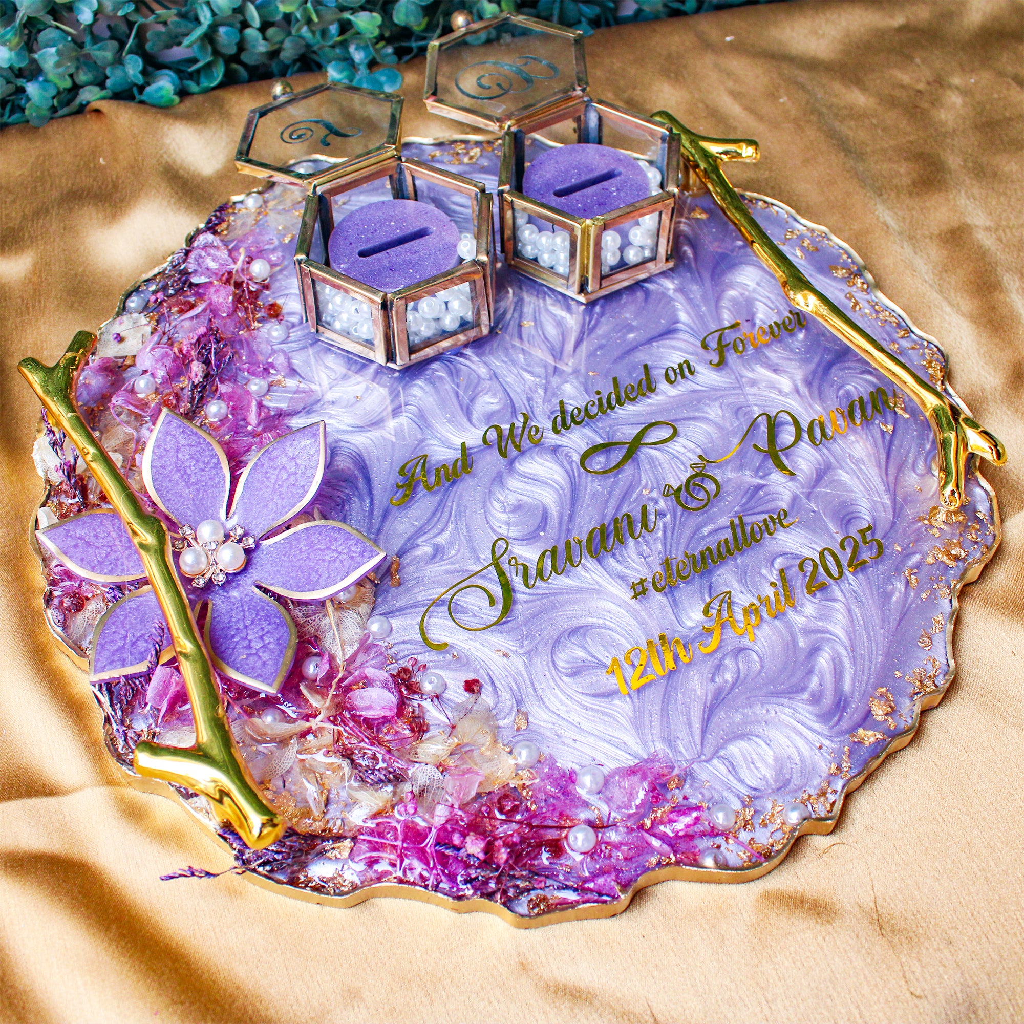 Rezica™ Royal Resin (Lavender Themed) Wedding Engagement Ring Platter with 2 Premium Ring Boxes made with Real Dry Flowers (10 Inches)