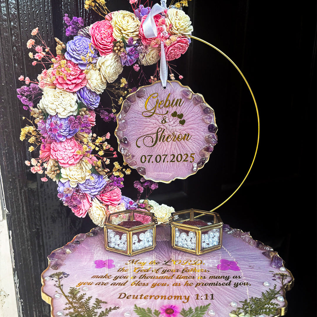Rezica™ Royal Resin (Pink Lavender Fusion) Engagement Ring Platter with 2 Premium Ring Boxes and Heavy Flower Hoop (10 Inch Base)