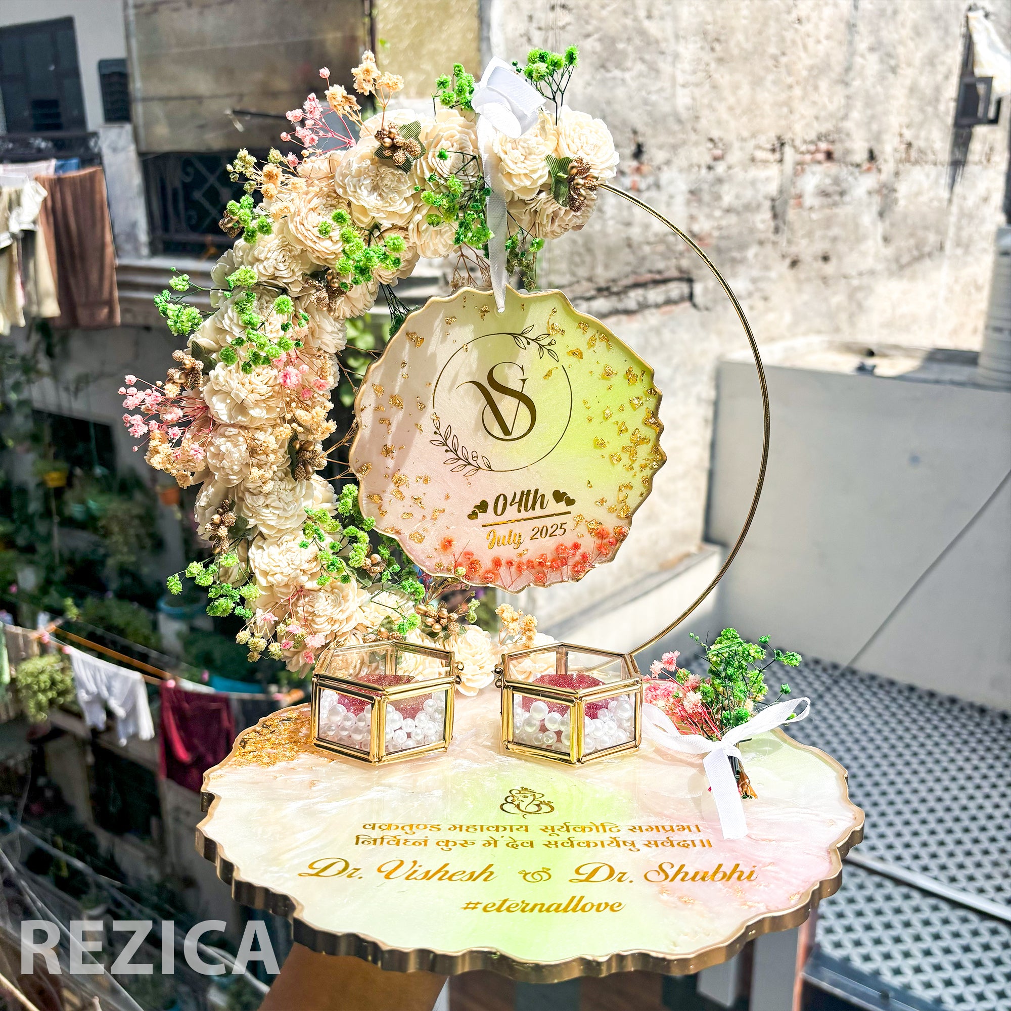 Rezica™ Royal Resin (White n Lime ) Engagement Ring Platter with 2 Premium Ring Boxes and Heavy Flower Hoop (10 Inch Base)