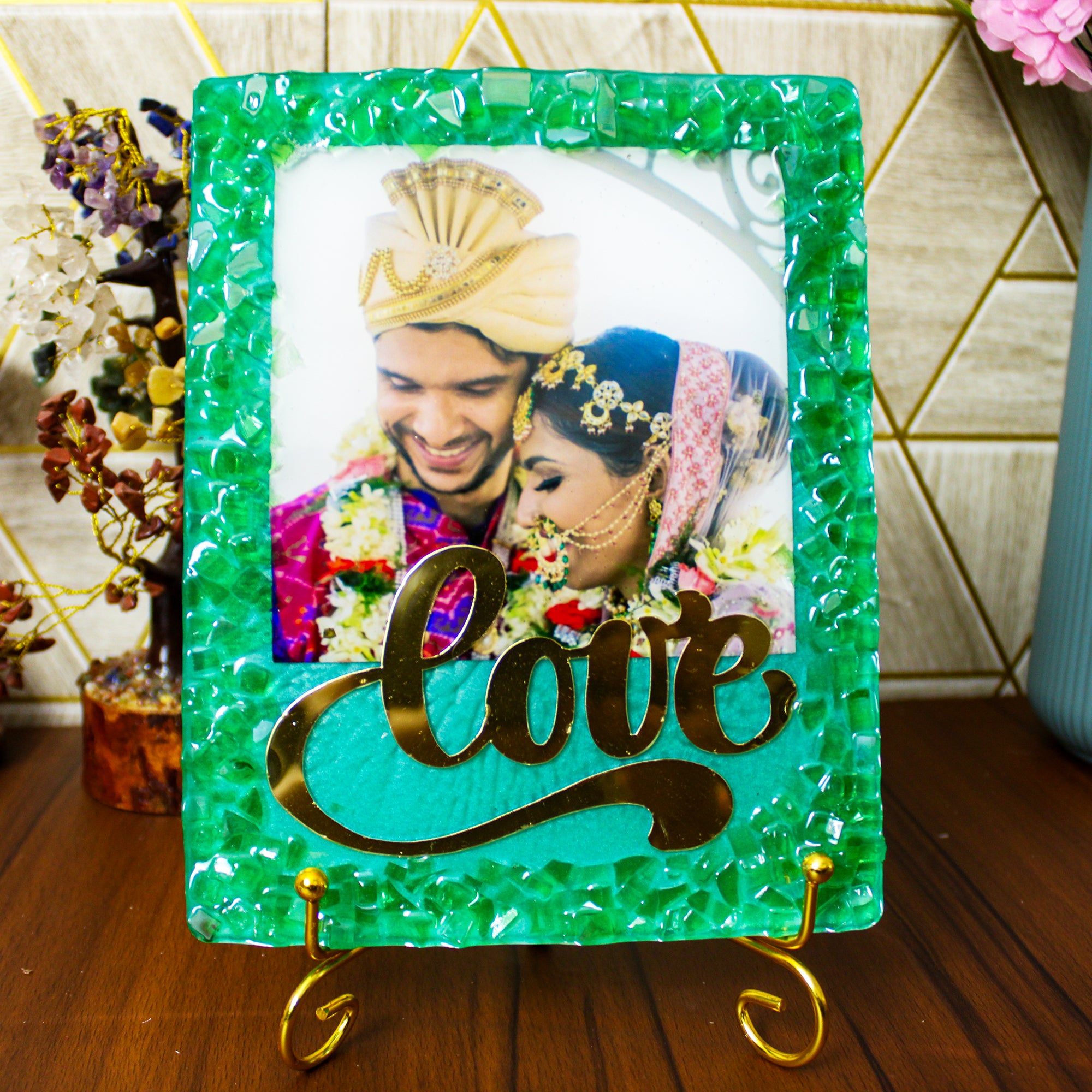 Emerald Ember Customized Photo Frame 8x6 Inches with Golden Stand