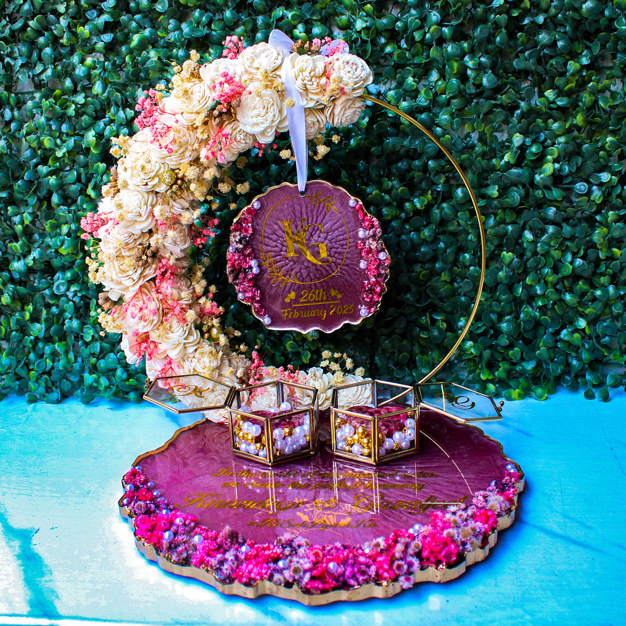 Rezica™ Royal Resin (Maroon White Themed) Engagement Ring Platter with 2 Premium Ring Boxes and Heavy Flower Hoop (10 Inch Base)