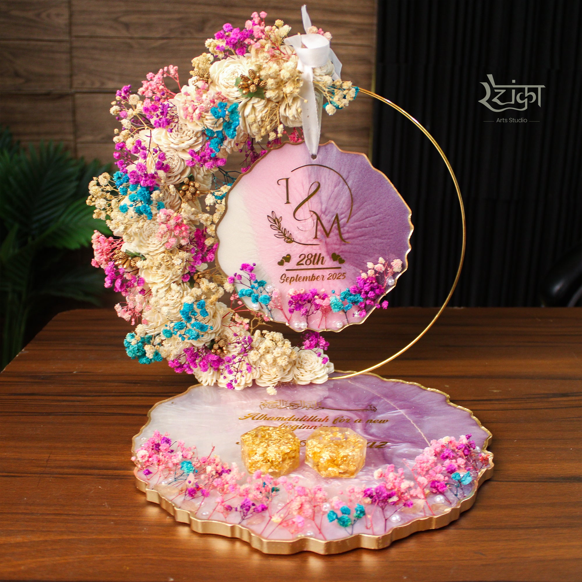 Rezica™ Royal Resin (Floral Symphony) Engagement Ring Platter with 2 Premium Ring Boxes and Heavy Flower Hoop