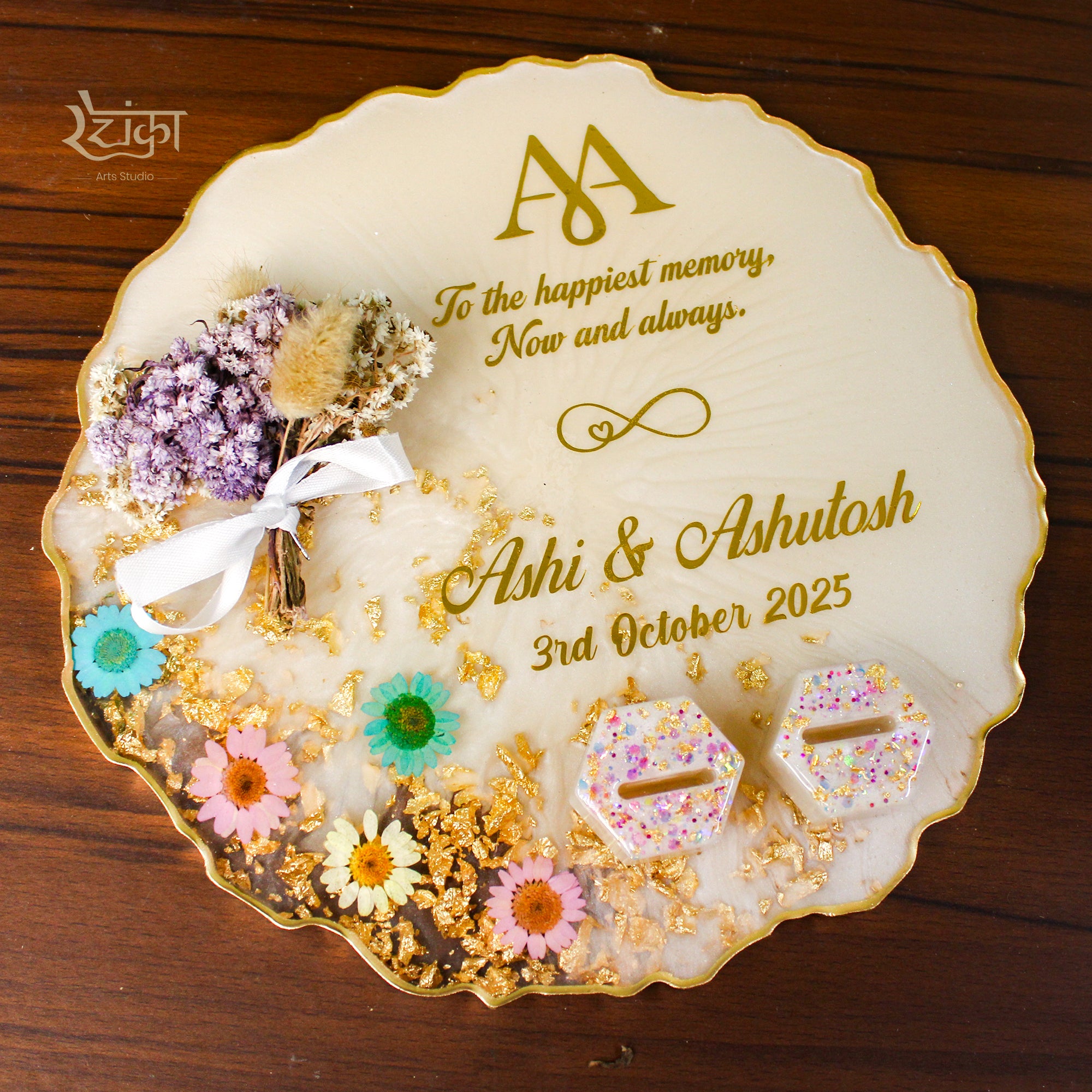 Rezica™ Royal Resin (Floral Cream n Gloom) Wedding Engagement Ring Platter with 2 Premium Ring Boxes made with Real Dry Flowers