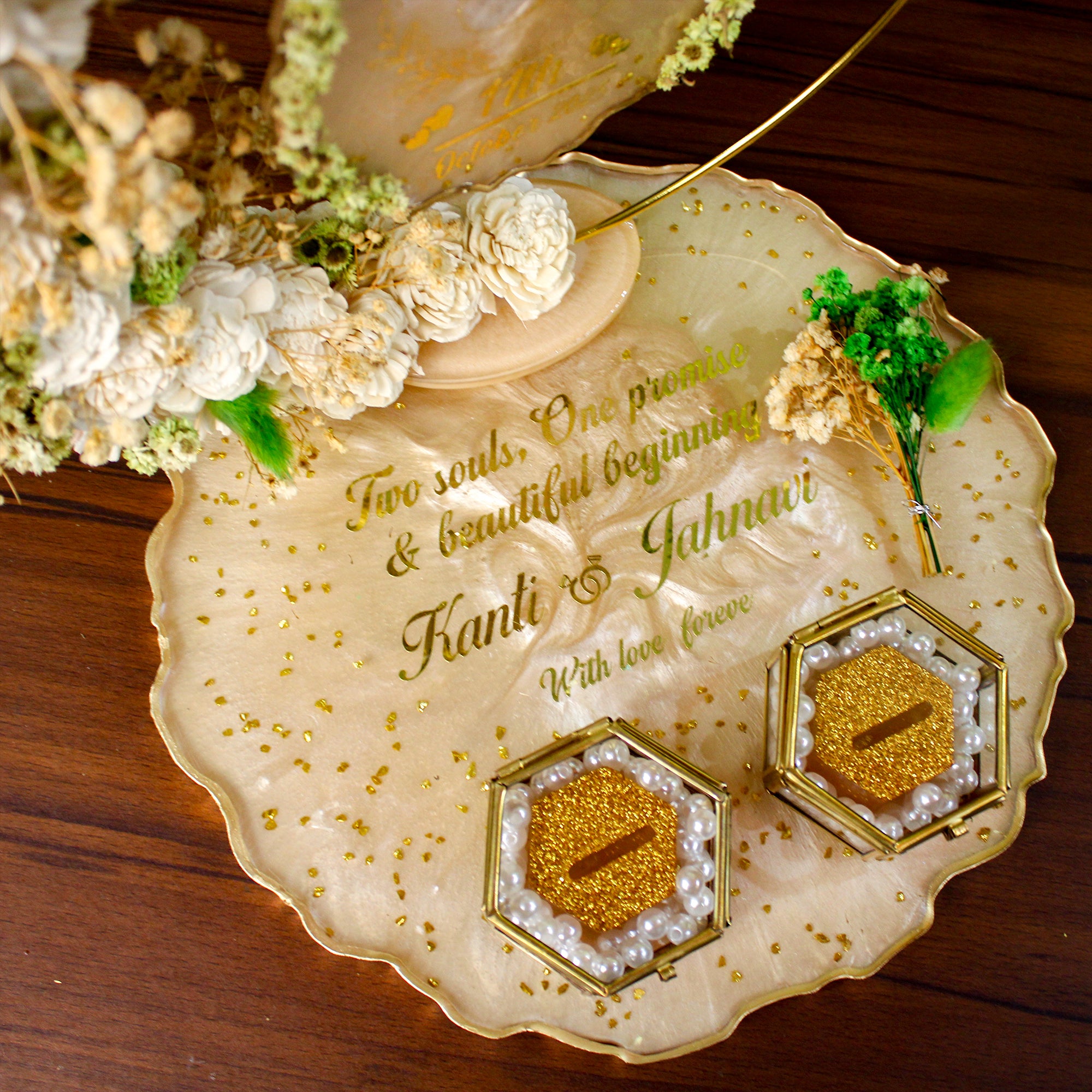 Rezica™ Royal Resin (Green Mist) Engagement Ring Platter with 2 Premium Ring Boxes and Heavy Flower Hoop