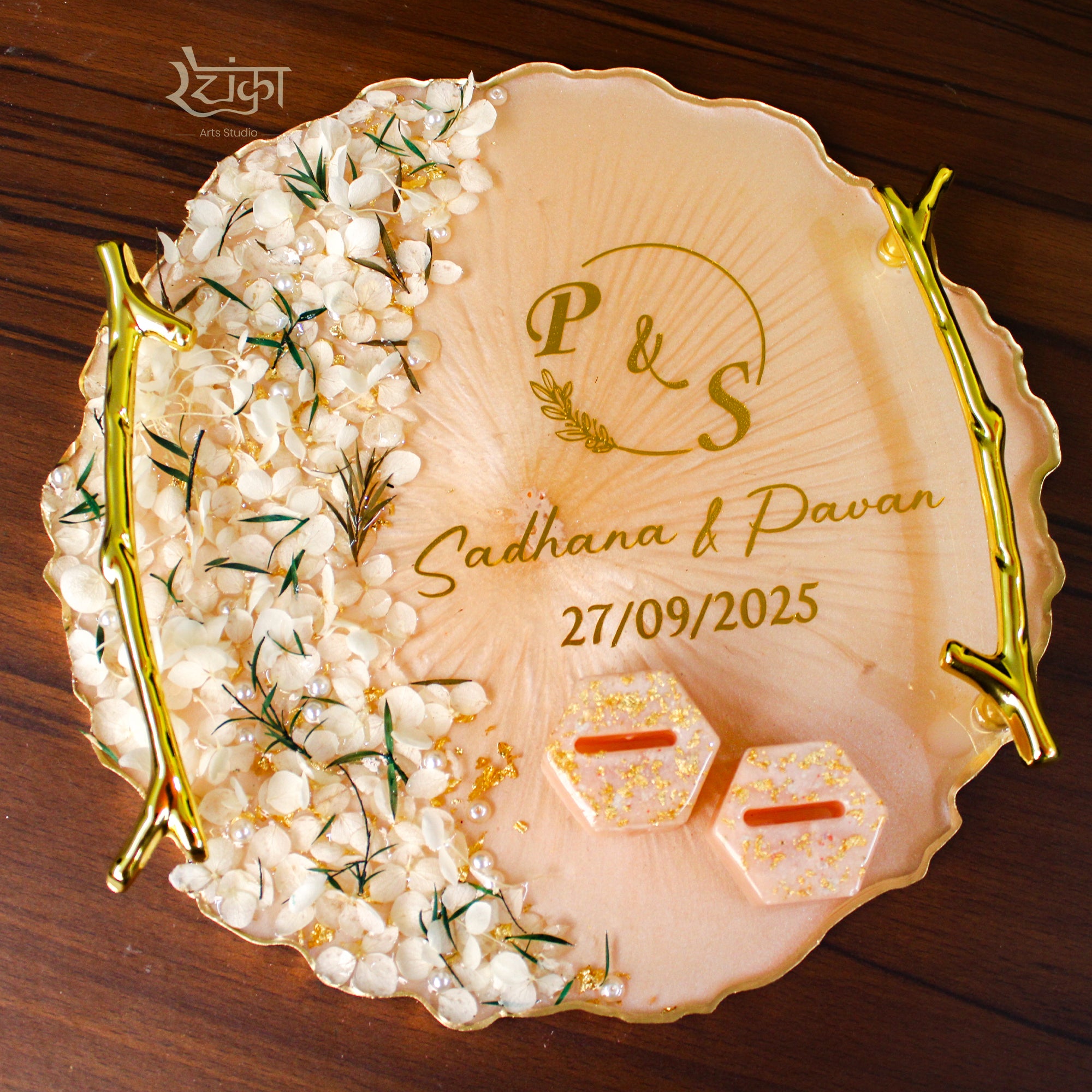 Rezica™ Royal Resin (Floral Peach Glow) Wedding Engagement Ring Platter with 2 Premium Ring Boxes made with Real Dry Flowers