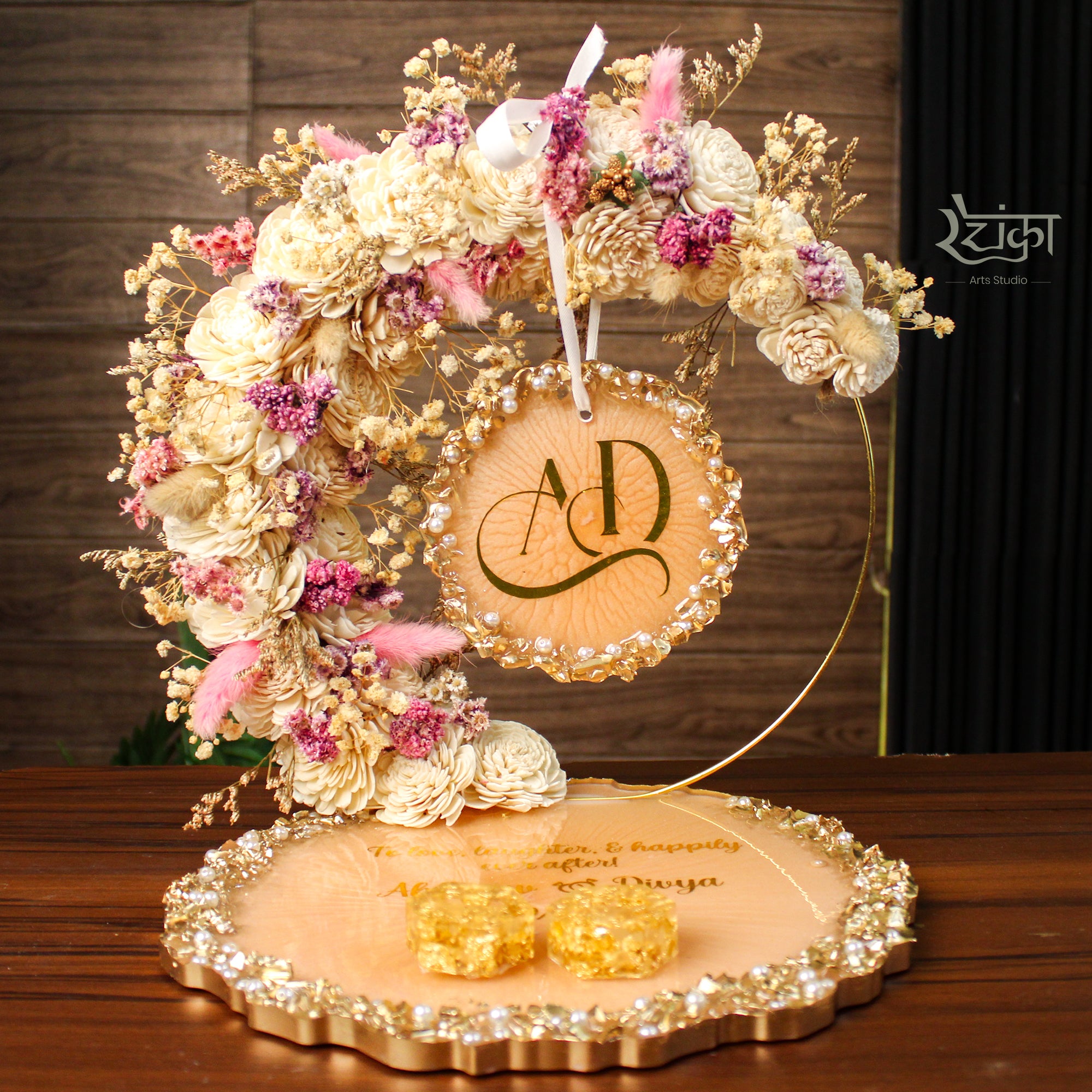 Rezica™ Royal Resin (Royal Peach Serenity) Engagement Ring Platter with 2 Premium Ring Boxes and Heavy Flower Hoop (10 Inch Base)