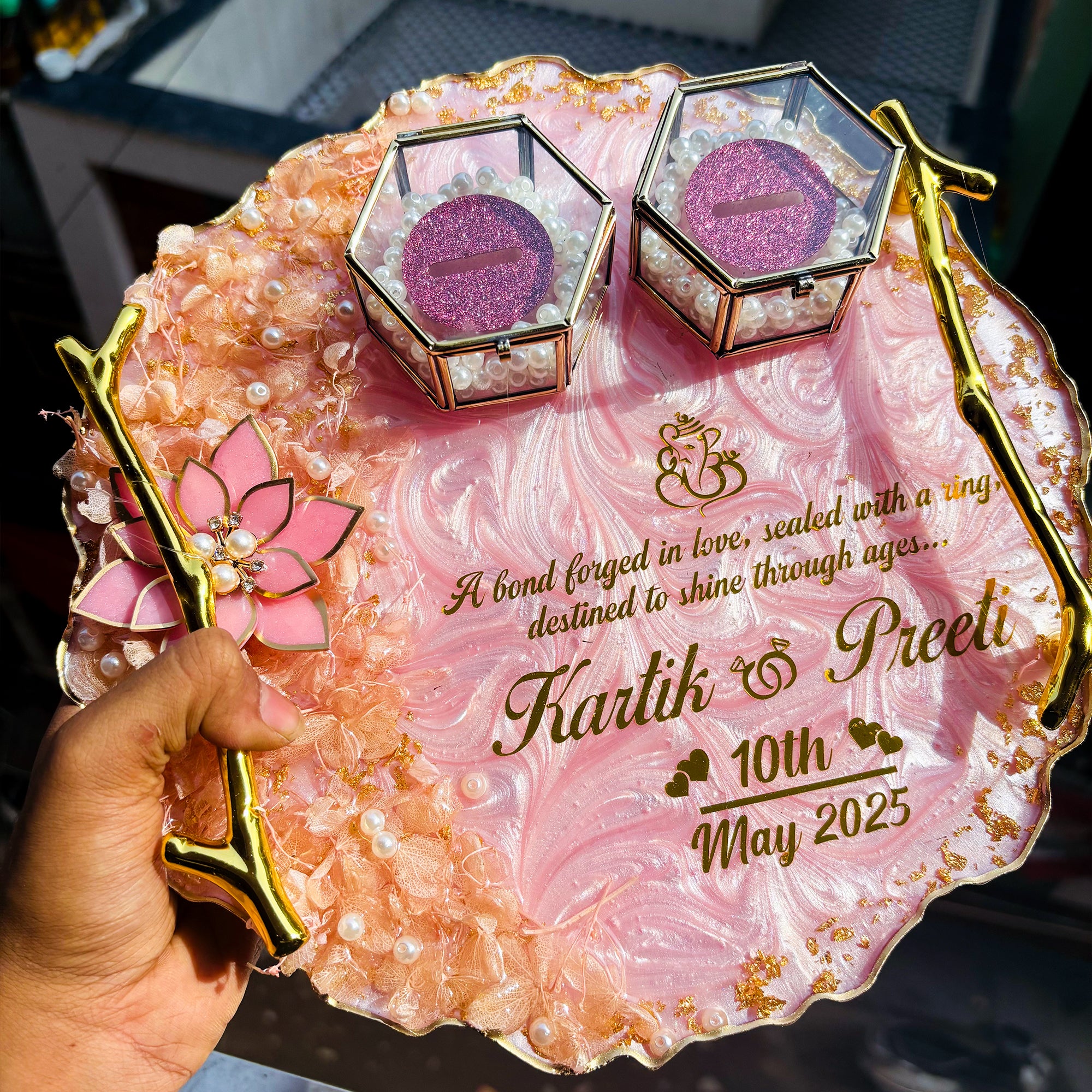Rezica™ Royal Resin (Pink Petal Blush) Wedding Engagement Ring Platter with 2 Premium Ring Boxes made with Real Dry Flowers (10 Inches)