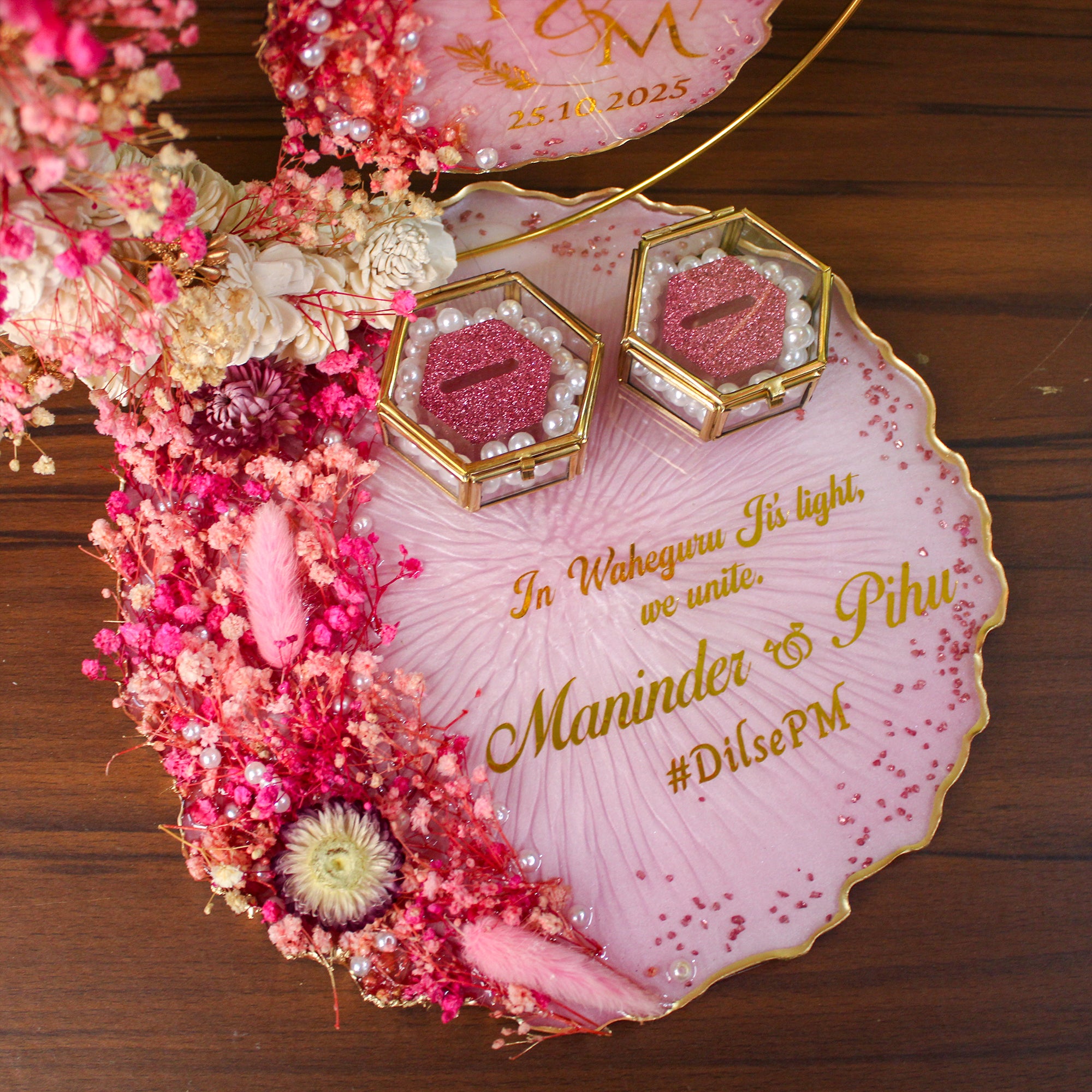 Rezica™ Royal Resin (Duo Blush Pink) Engagement Ring Platter with 2 Premium Ring Boxes and Heavy Flower Hoop