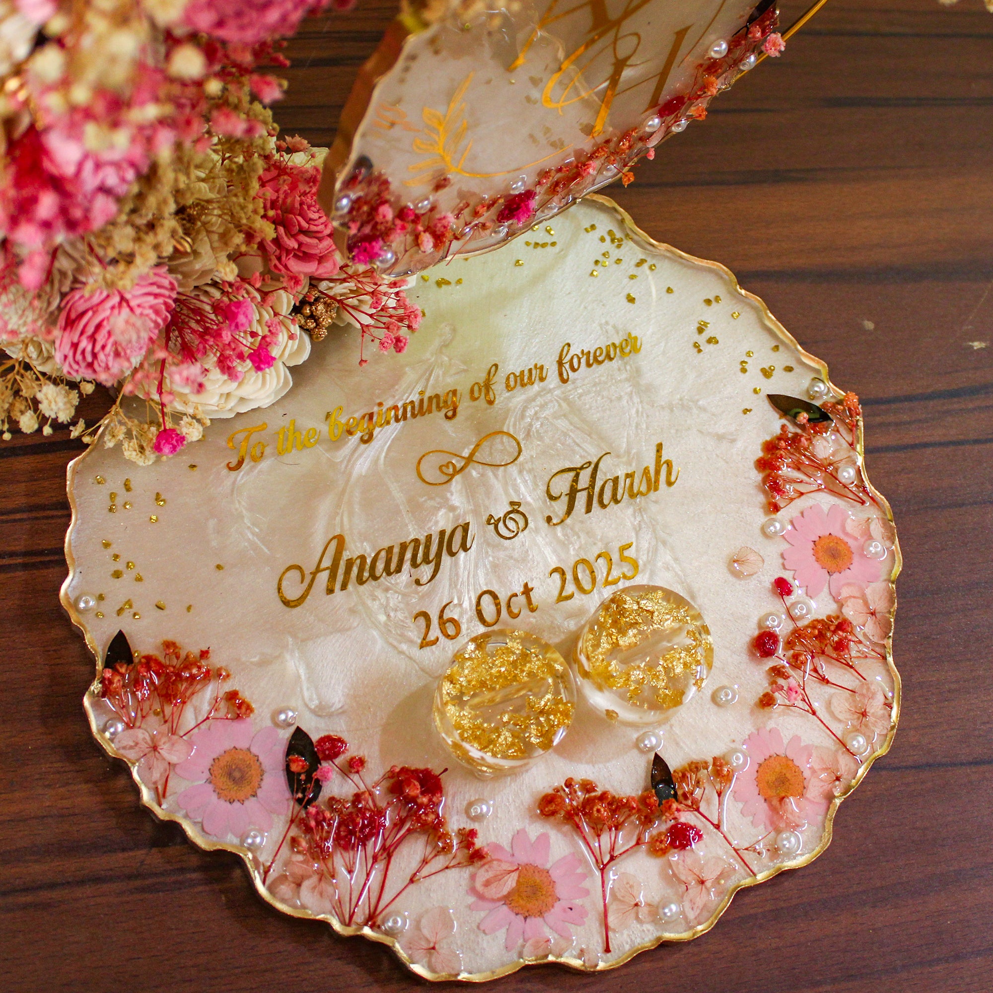 Rezica™ Royal Resin (Pink Cashmere Sand) Engagement Ring Platter with 2 Premium Ring Boxes and Heavy Flower Hoop