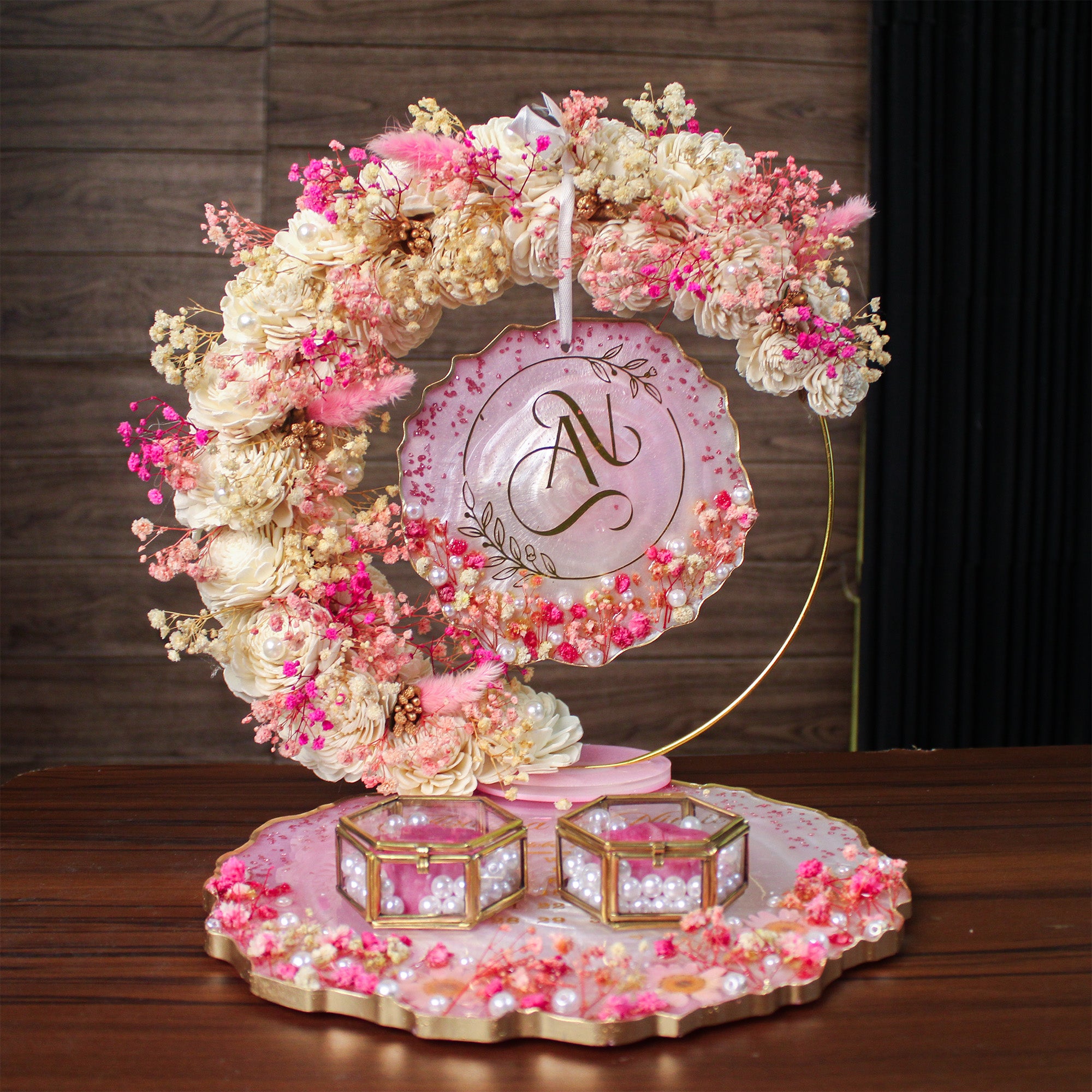 Rezica™ Royal Resin (Royal Twin Pink) Engagement Ring Platter with 2 Premium Ring Boxes and Heavy Flower Hoop