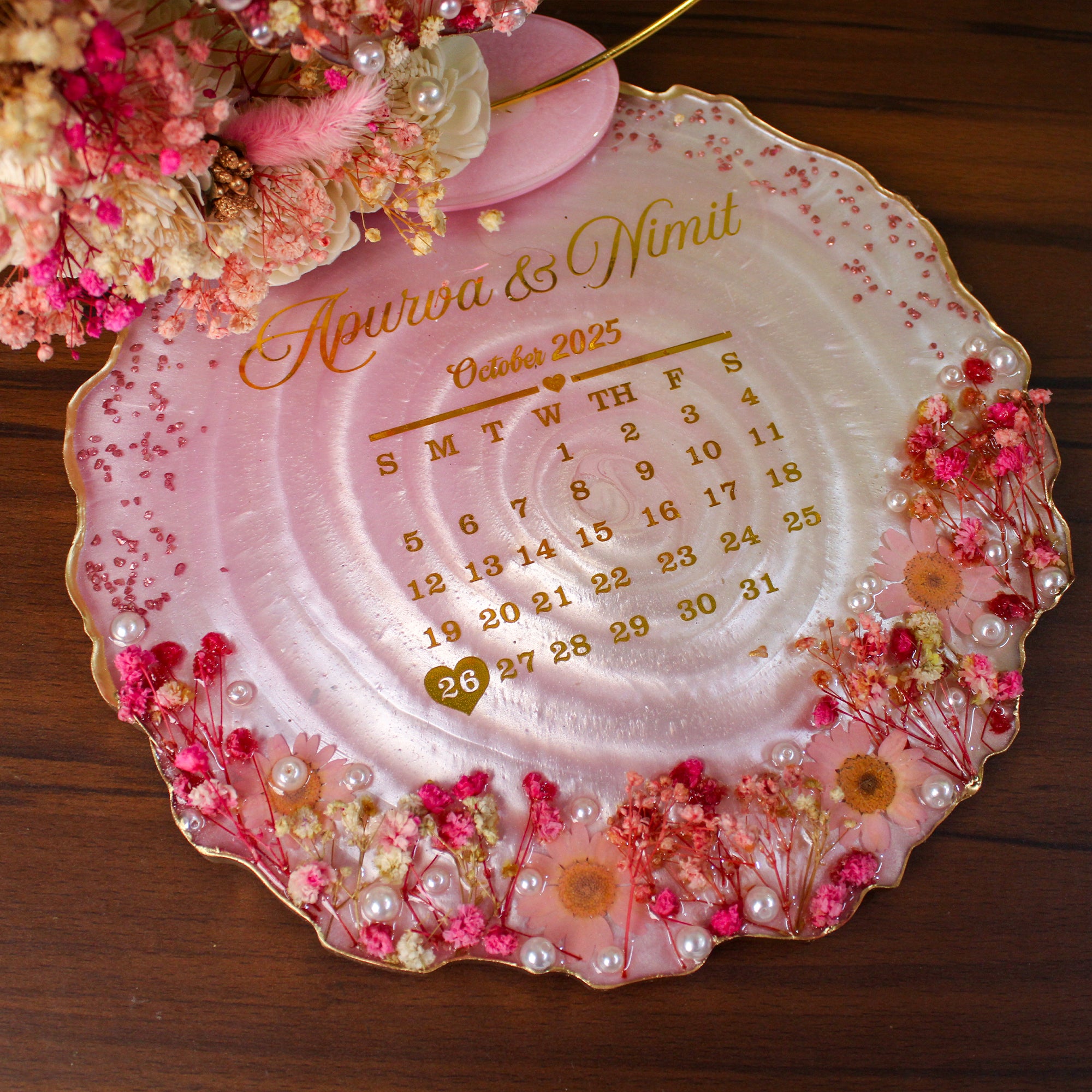 Rezica™ Royal Resin (Royal Twin Pink) Engagement Ring Platter with 2 Premium Ring Boxes and Heavy Flower Hoop