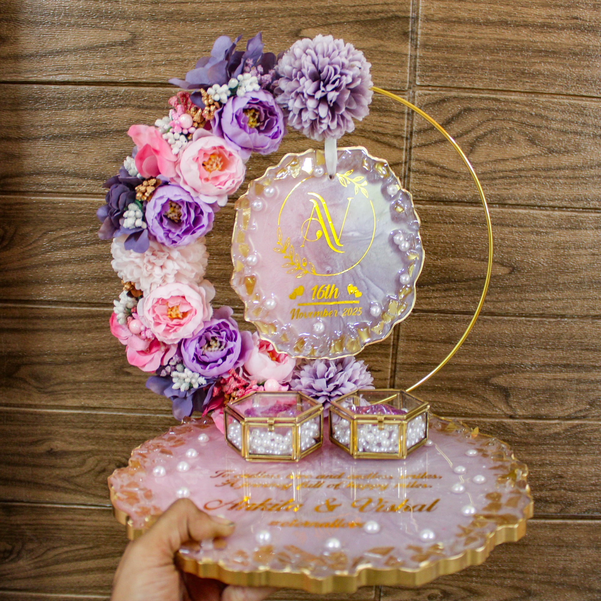 Rezica™ Royal Resin (Pink Lavender Bloom) Engagement Ring Platter with 2 Premium Ring Boxes and Heavy Flower Hoop