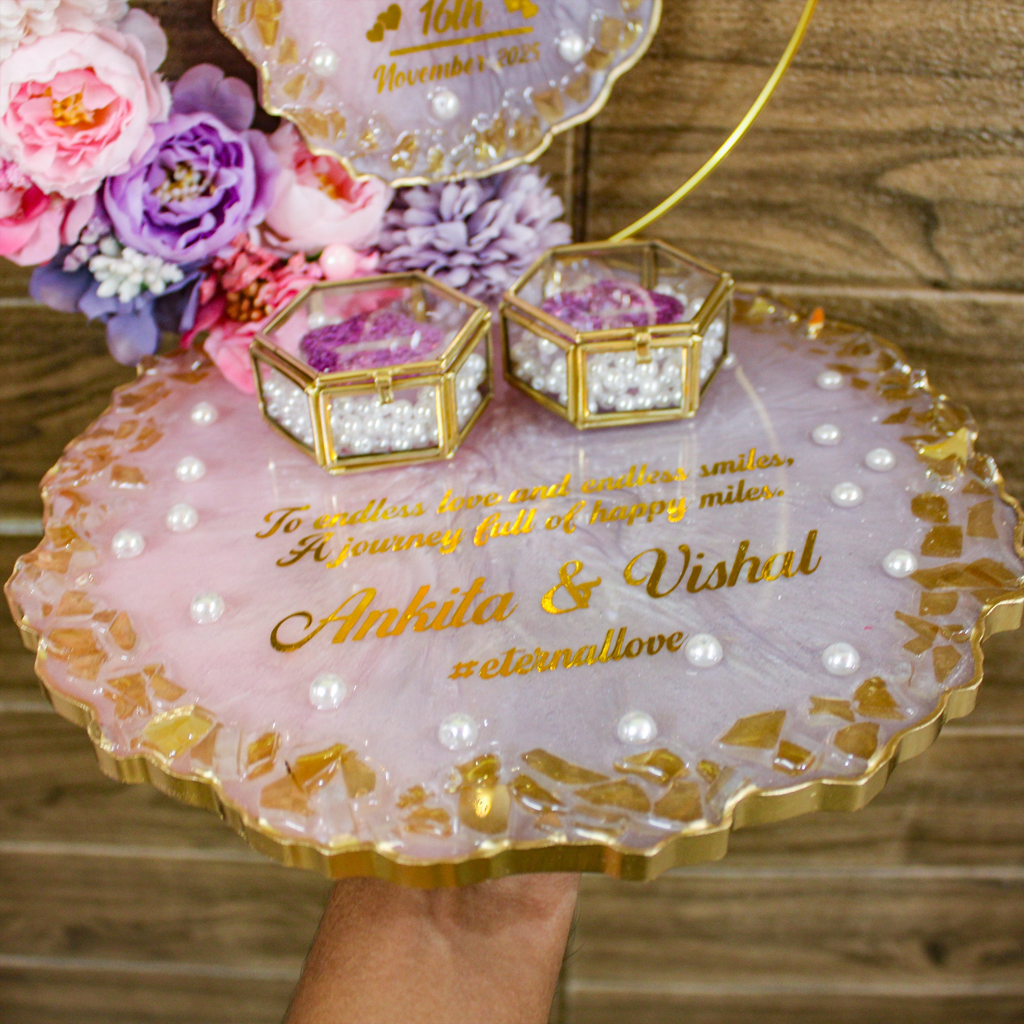 Rezica™ Royal Resin (Pink Lavender Bloom) Engagement Ring Platter with 2 Premium Ring Boxes and Heavy Flower Hoop