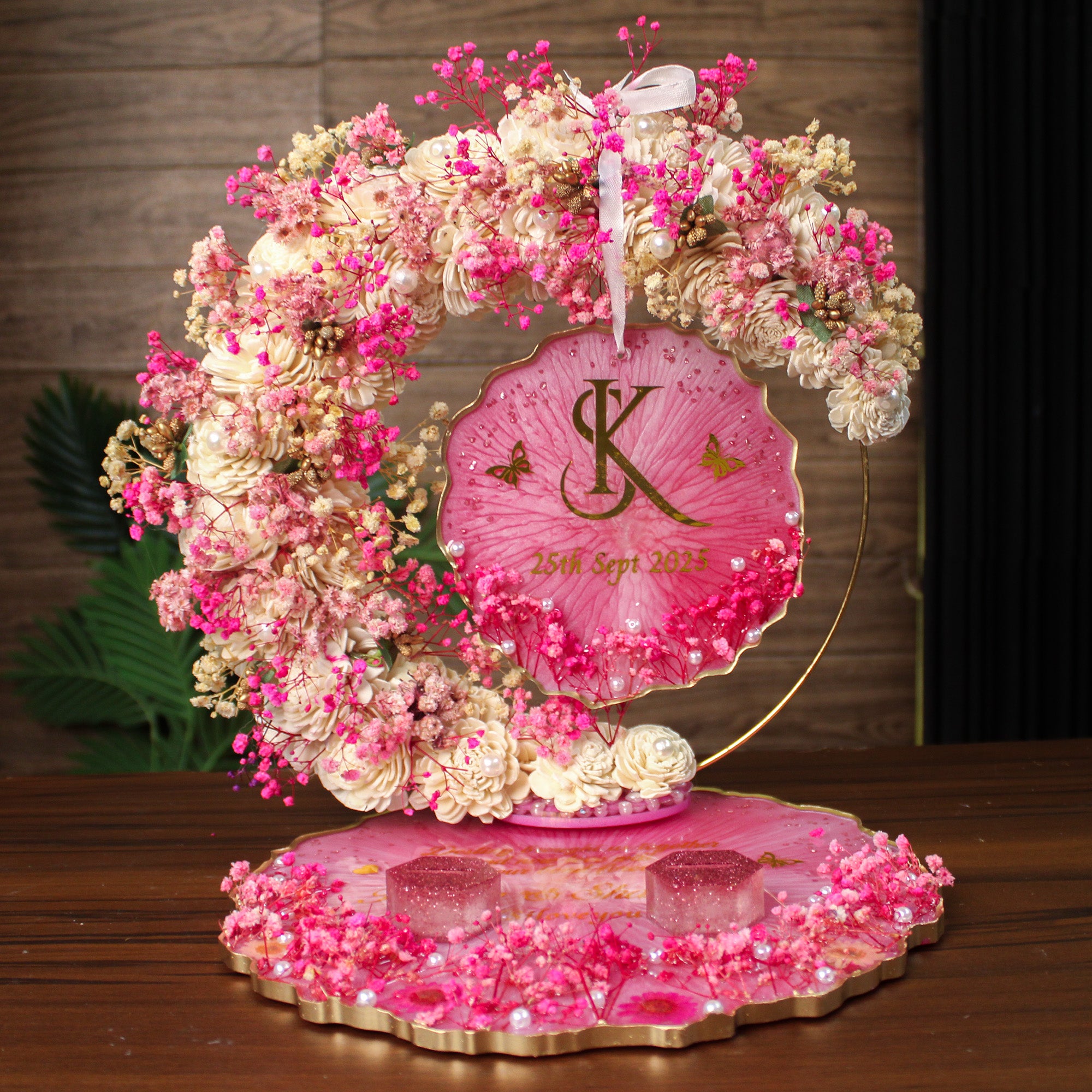 Rezica™ Royal Resin (Royal Pink Symphony) Engagement Ring Platter with 2 Premium Ring Boxes and Heavy Flower Hoop (10 Inch Base)