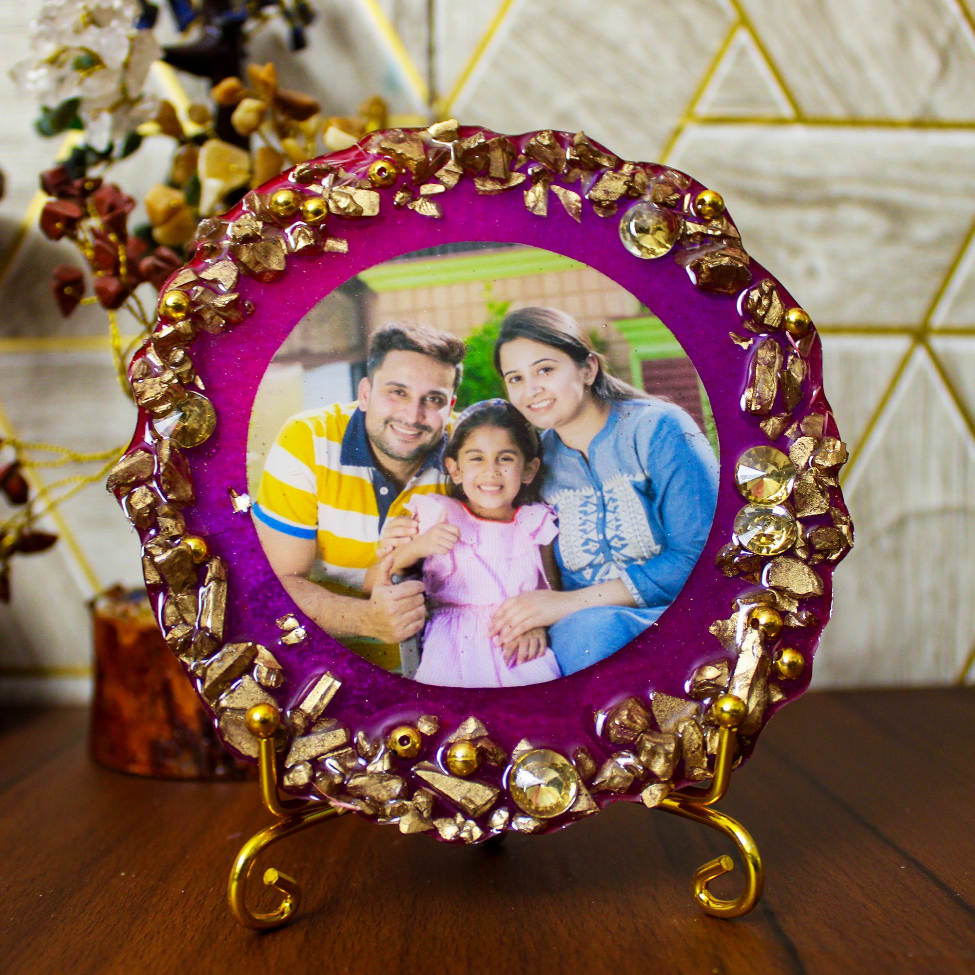Lavish Purple Majesty Customized Photo Frame 5 Inches with Golden Stand