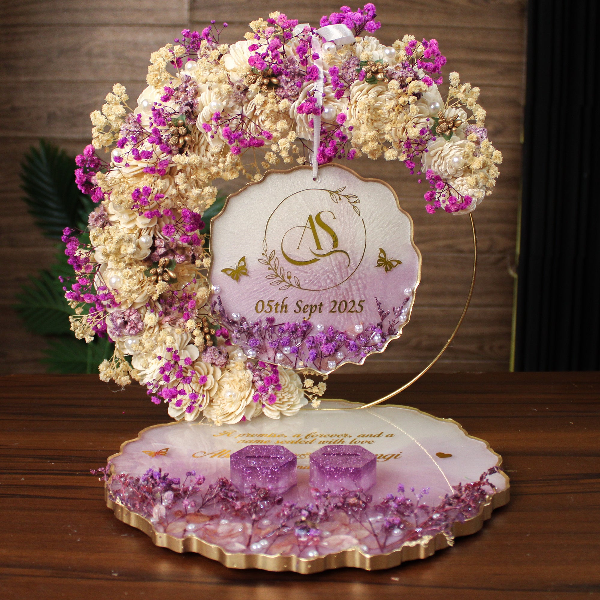 Rezica™ Royal Resin (Lavender Luxury) Engagement Ring Platter with 2 Premium Ring Boxes and Heavy Flower Hoop (10 Inch Base)