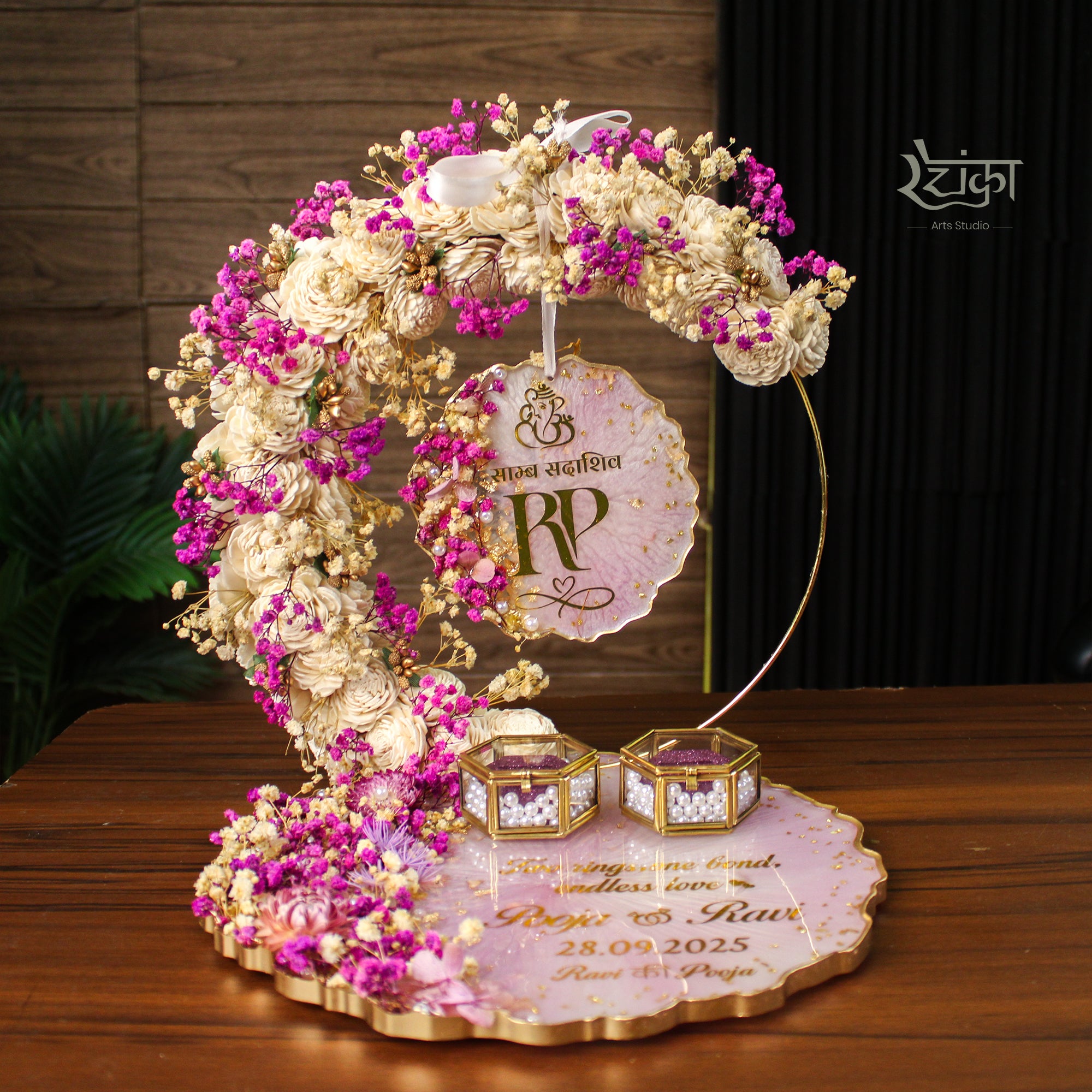 Rezica™ Royal Resin (Floral Purple Serenity) Engagement Ring Platter with 2 Premium Ring Boxes and Heavy Flower Hoop