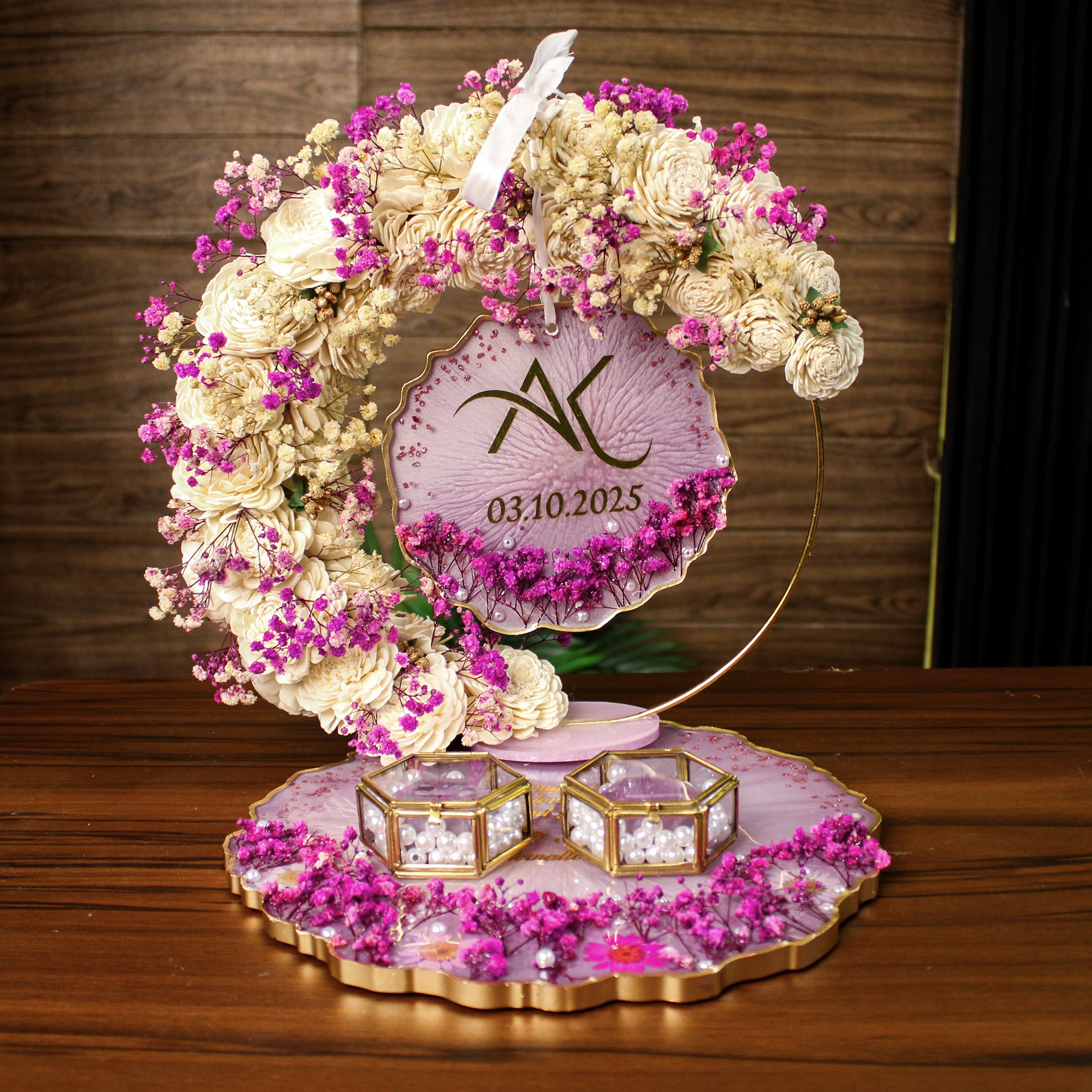 Rezica™ Royal Resin (Royal Imperial Purple) Engagement Ring Platter with 2 Premium Ring Boxes and Heavy Flower Hoop