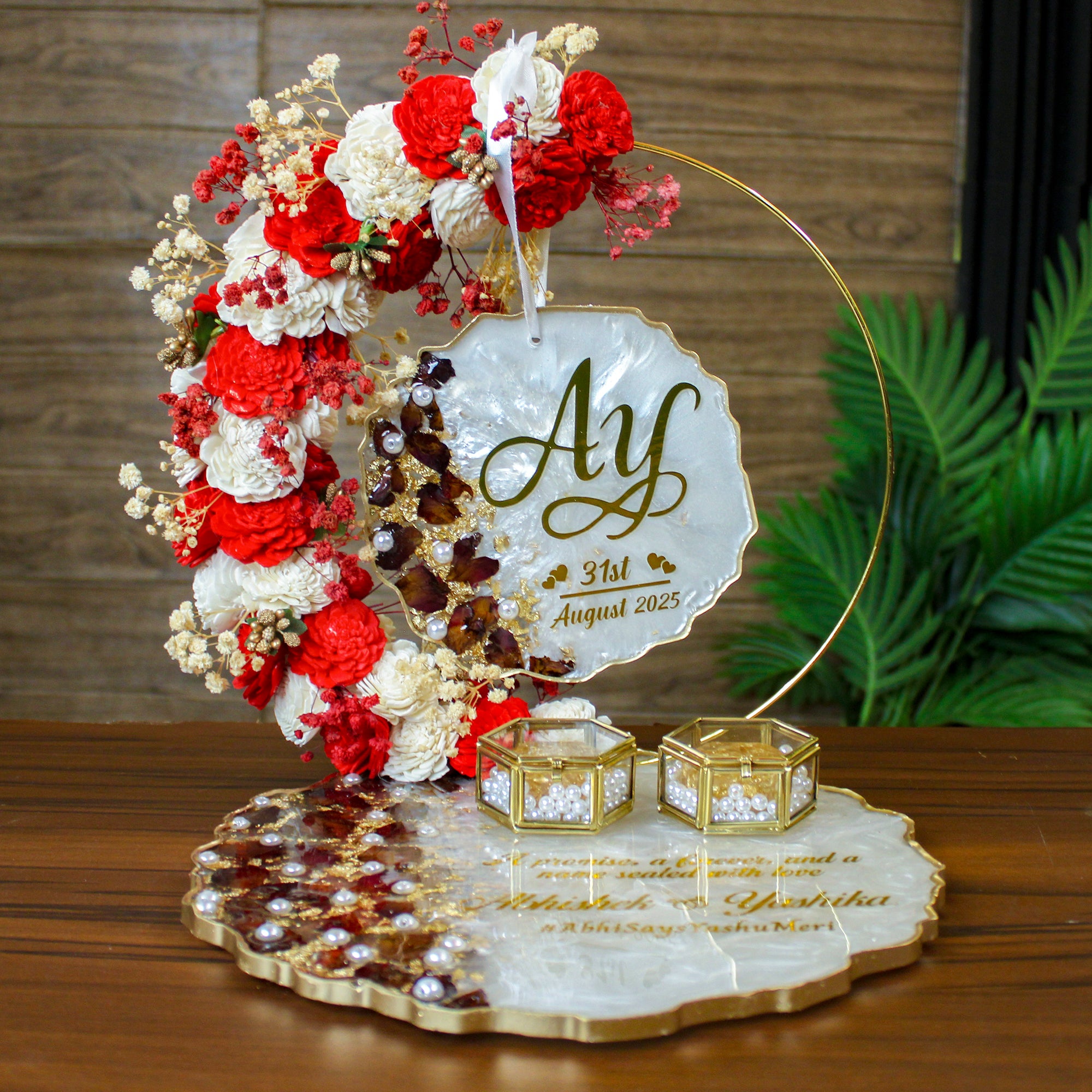 Rezica™ Royal Resin (Red n White) Engagement Ring Platter with 2 Premium Ring Boxes and Heavy Flower Hoop (10 Inch Base)
