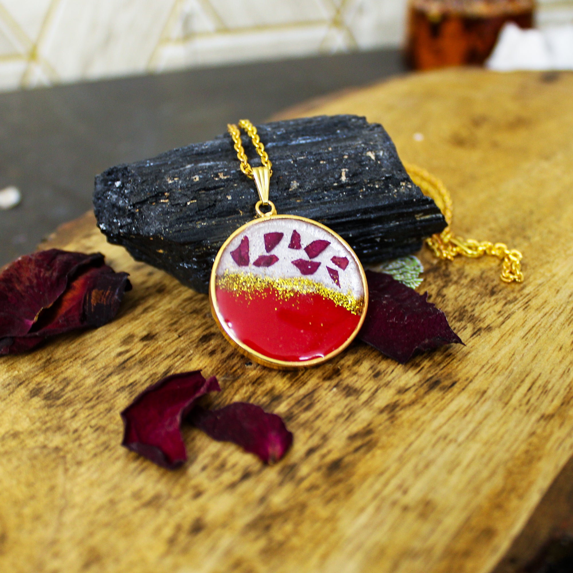 Ruby Rosette Pendant with Real Rose Petals