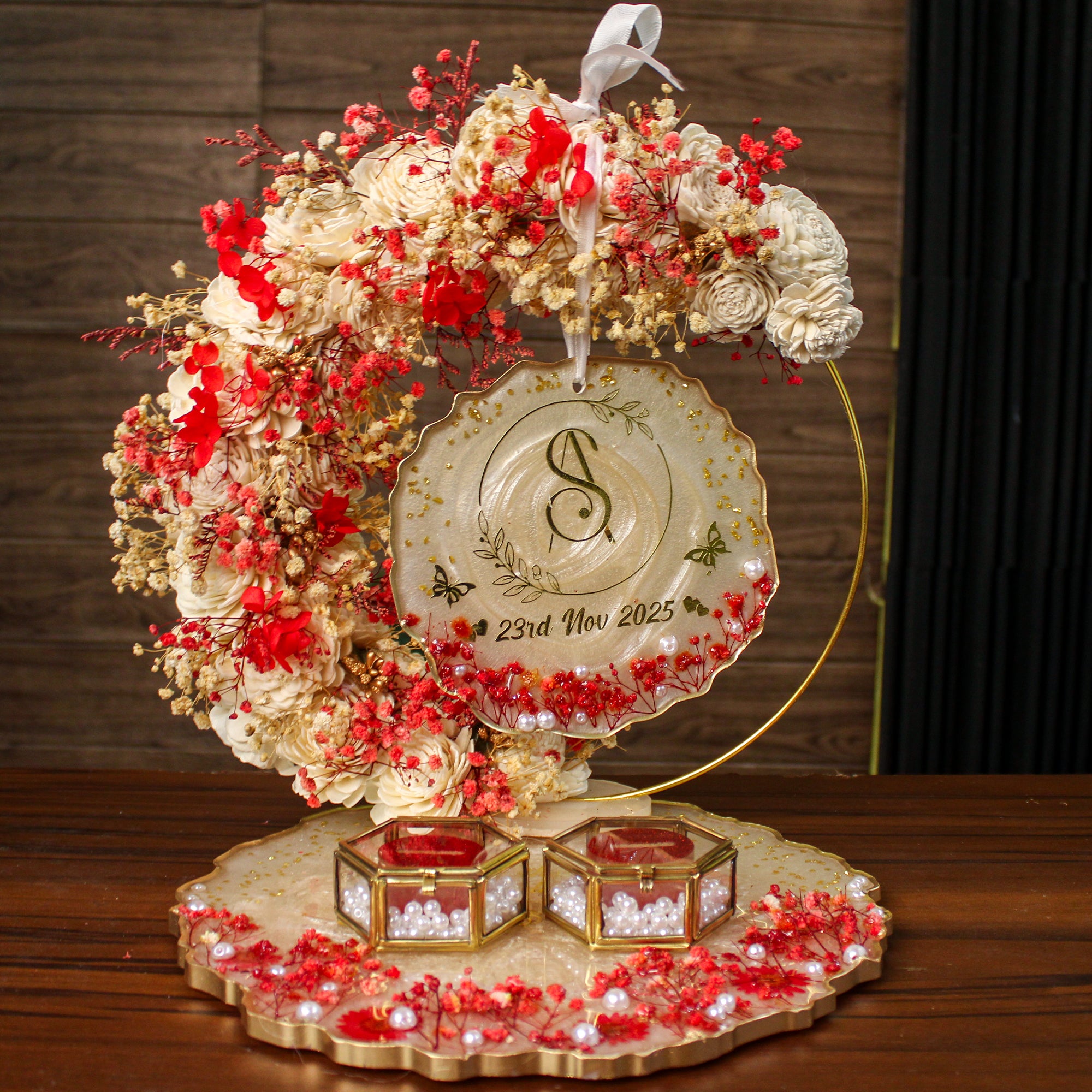 Rezica™ Royal Resin (Scarlet Majesty) Engagement Ring Platter with 2 Premium Ring Boxes and Heavy Flower Hoop