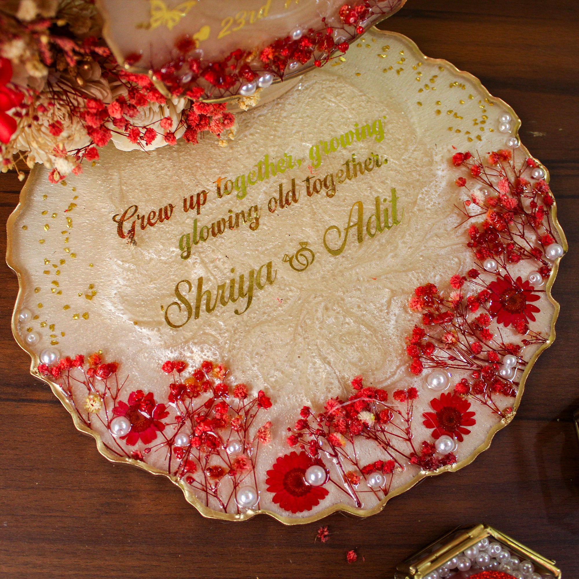 Rezica™ Royal Resin (Scarlet Majesty) Engagement Ring Platter with 2 Premium Ring Boxes and Heavy Flower Hoop