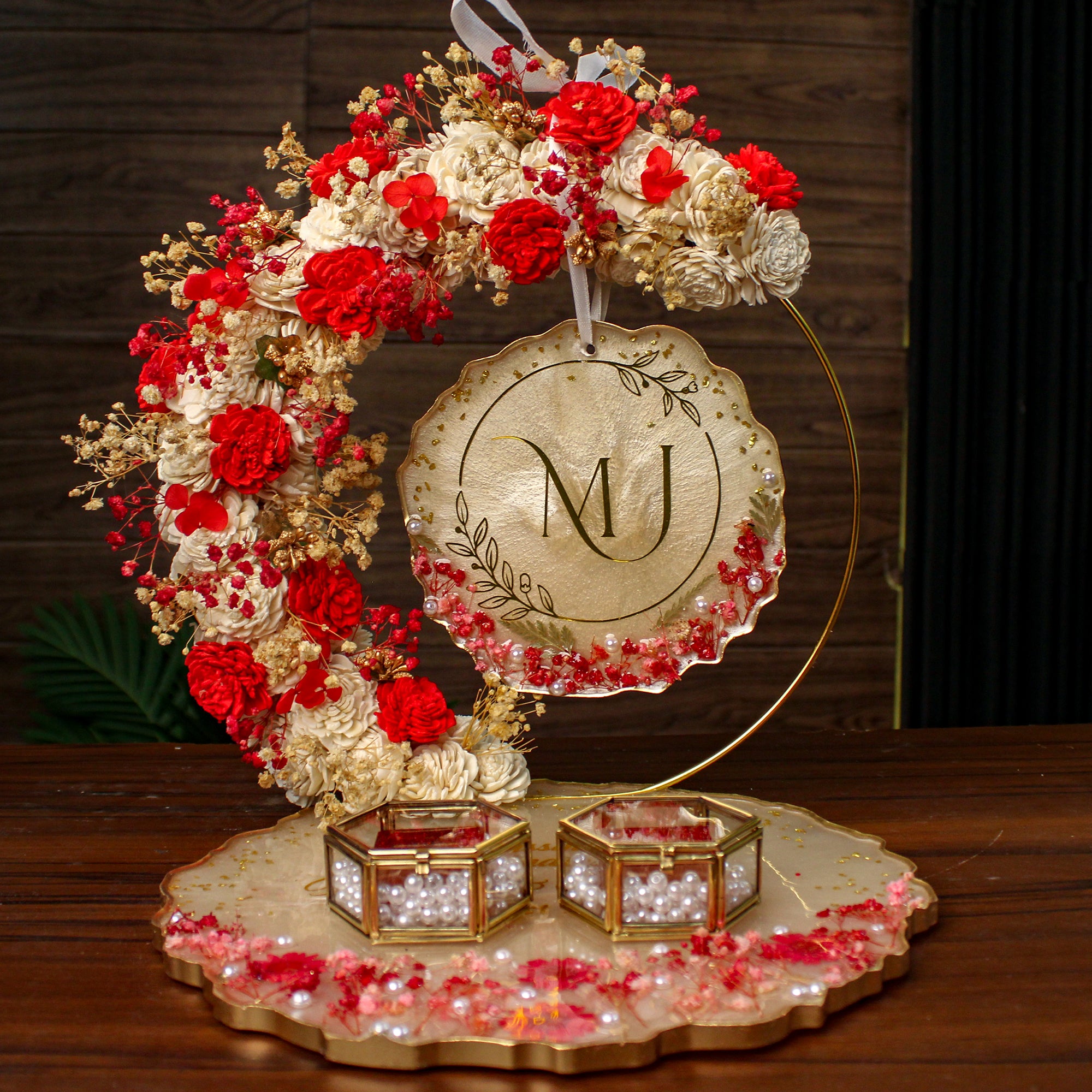 Rezica™ Royal Resin (Red Cashmere Sand) Engagement Ring Platter with 2 Premium Ring Boxes and Heavy Flower Hoop