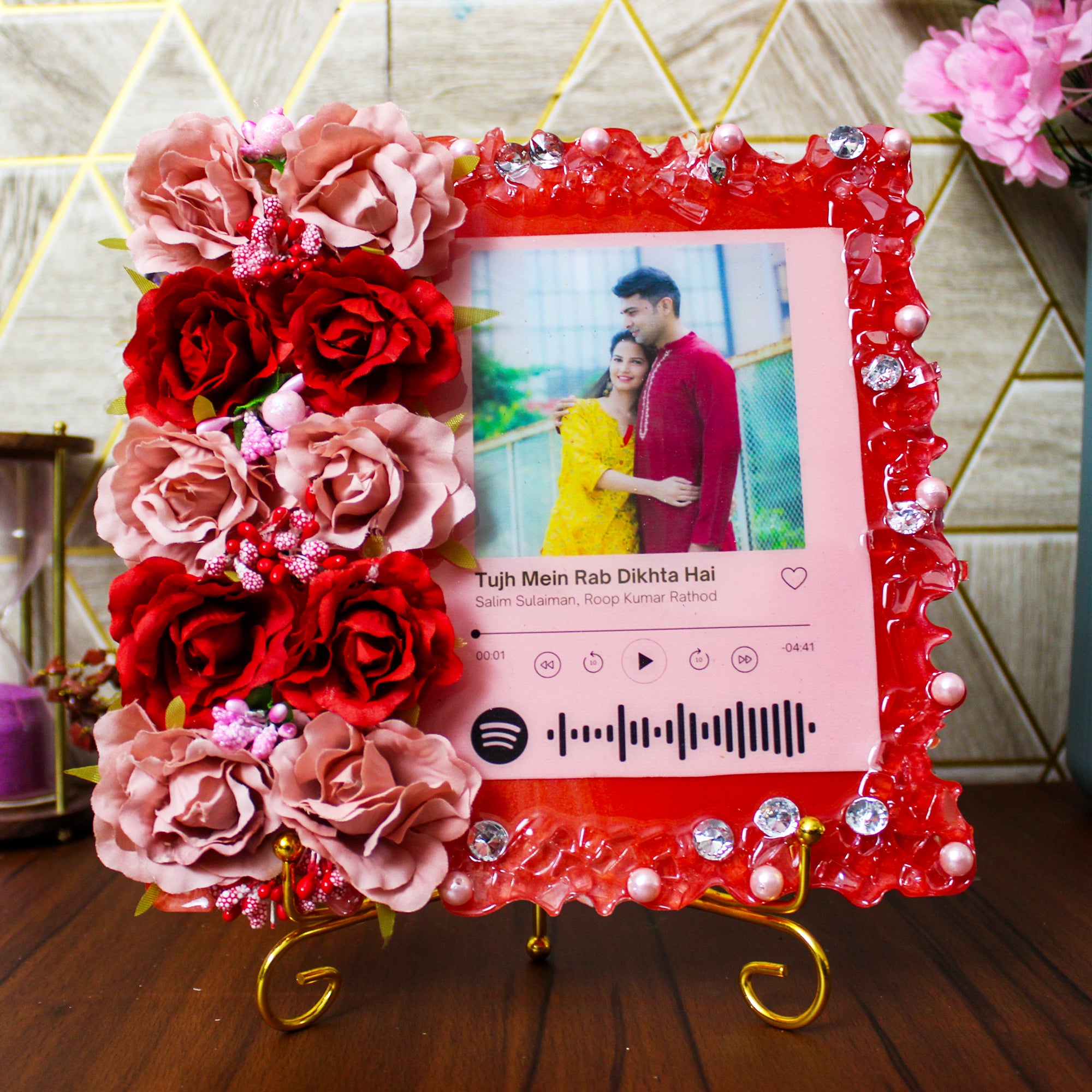 Radiant Rose Red and Pink Customized Photo Frame 8 Inches with Golden Stand