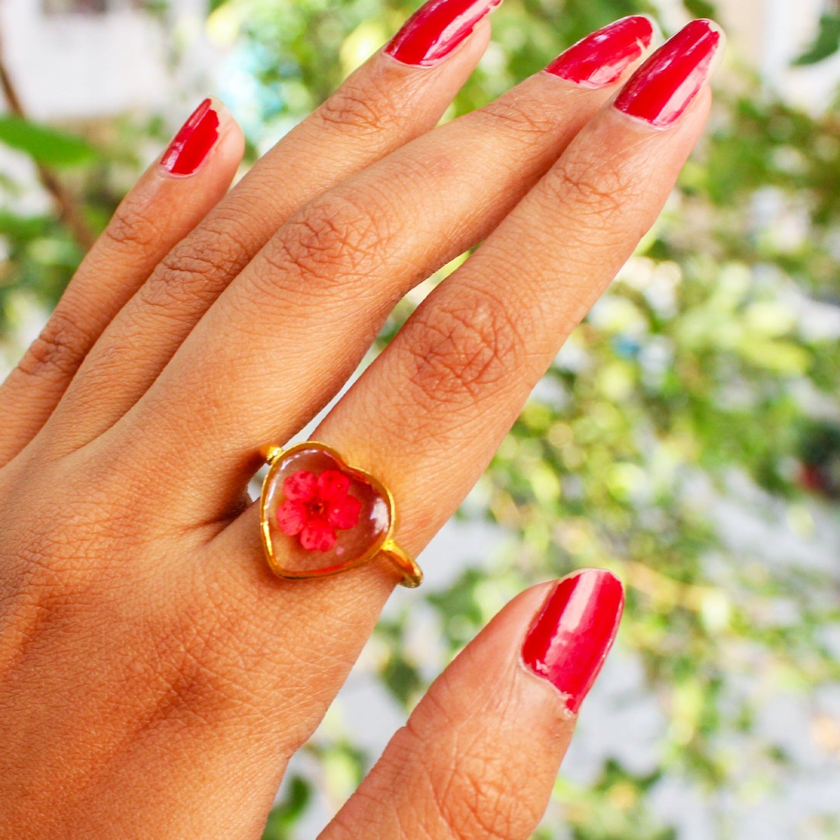 Ruby Prism Plum Blossom Ring with Real Plum Flower