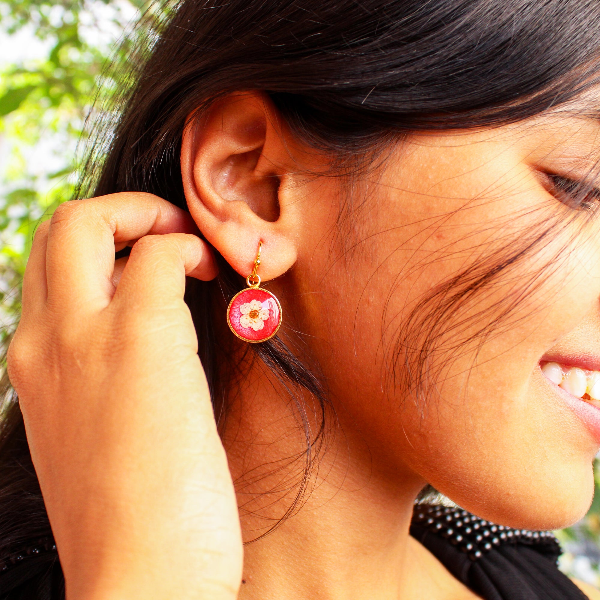 Ruby Rosette Botanical Ear Drops with Real Plum Flowers